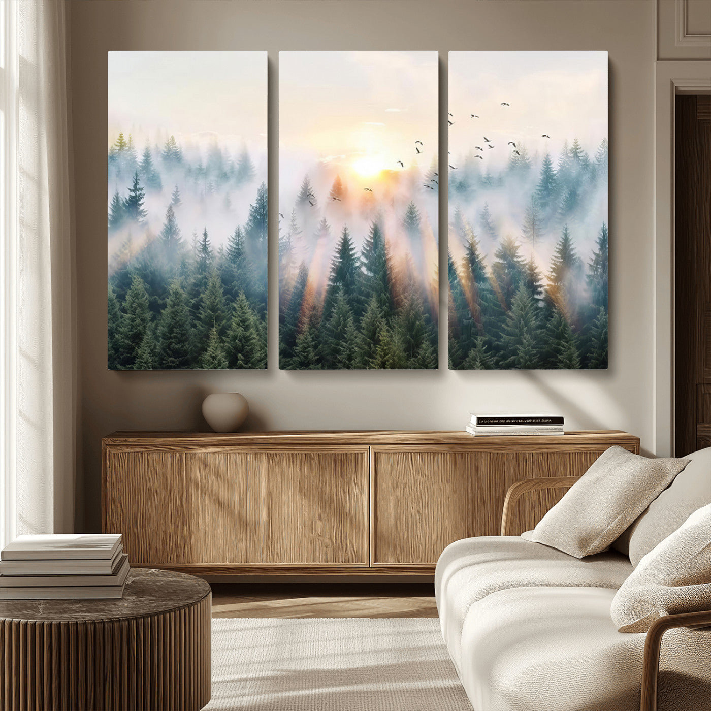MGV-CV-48X32-3P - Misty Pine Forest Wall Art Canvas, Sunrise Over Foggy Trees Canvas for Home - Office, Framed