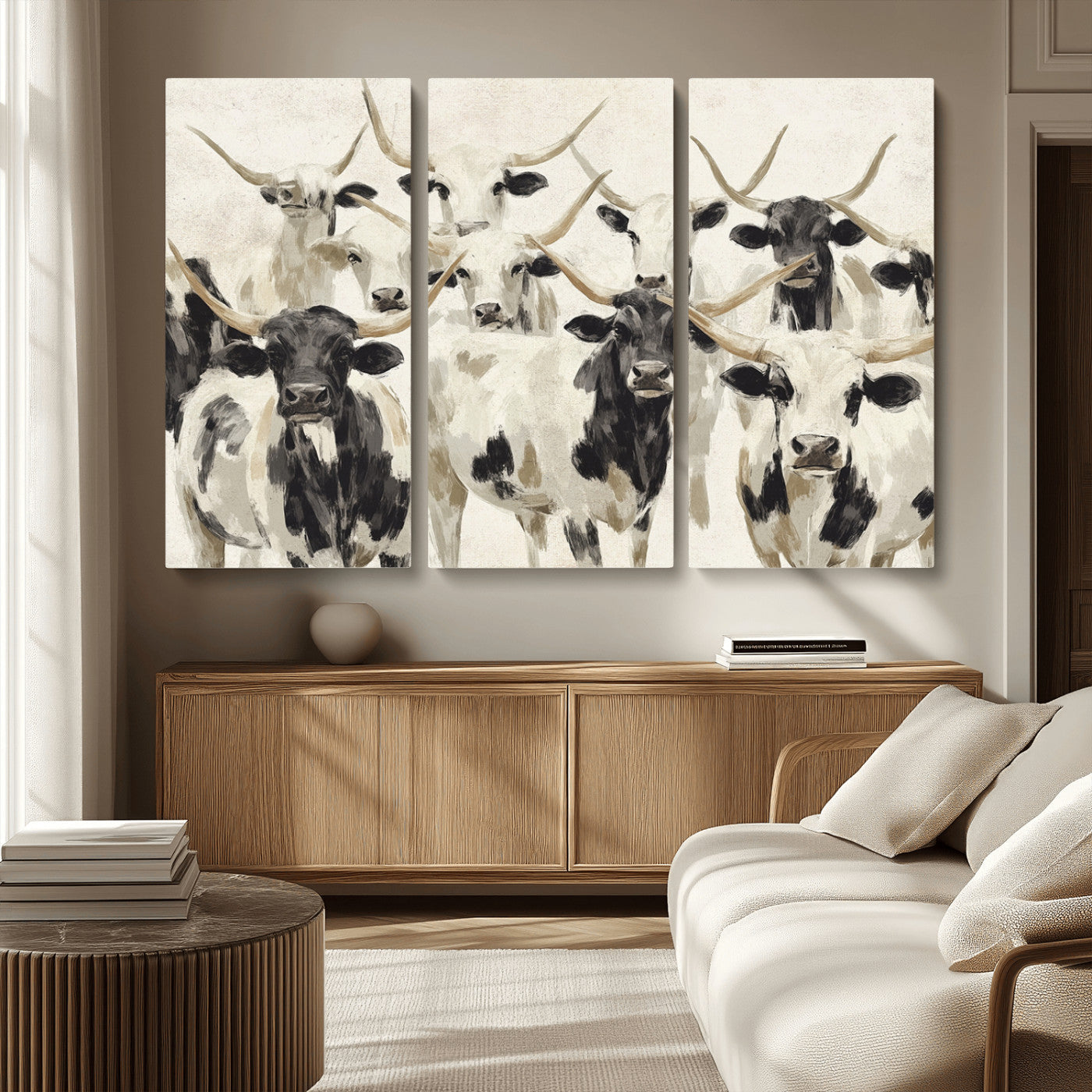 MGV-CV-48X32-3P - Longhorn Texas Cow Drawing Abstract Wall Art Canvas Print for Farmhouse Decor, Texas Bull Printing