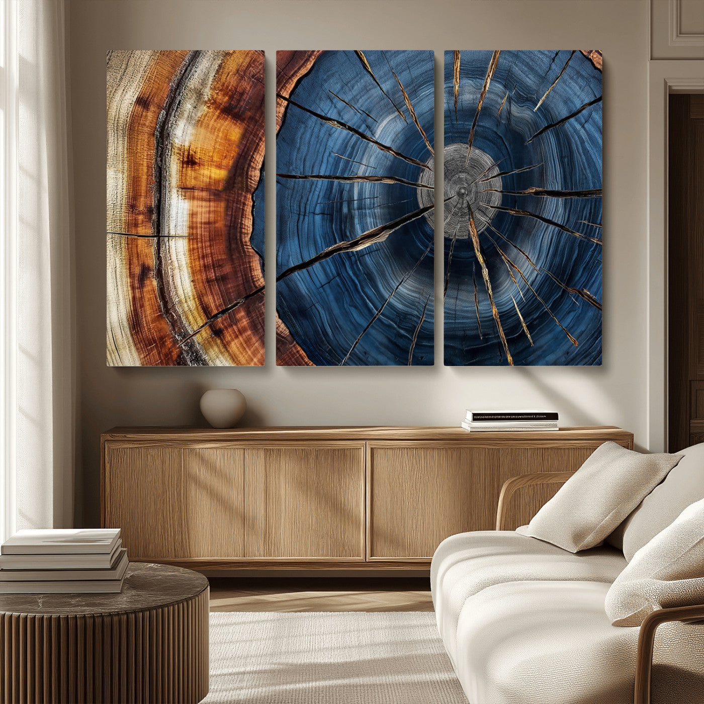 MGV-CV-48X32-3P - Framed Abstract Tree Ring Wall Art Print, Natural Rustic Wood Texture Canvas Print, Wood Tree Stump