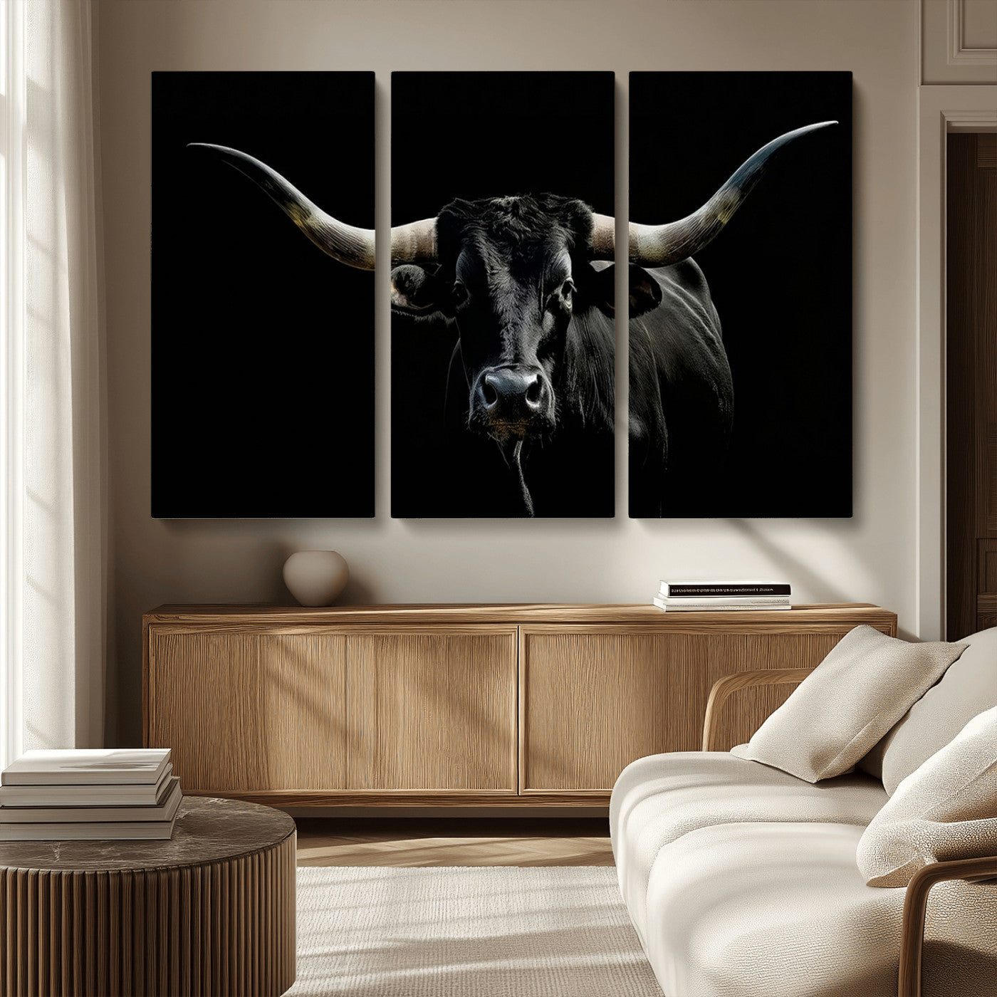 MGV-CV-48X32-3P - Texas Black Bull Wall Art Print, Longhorn Bull Canvas Wall Art