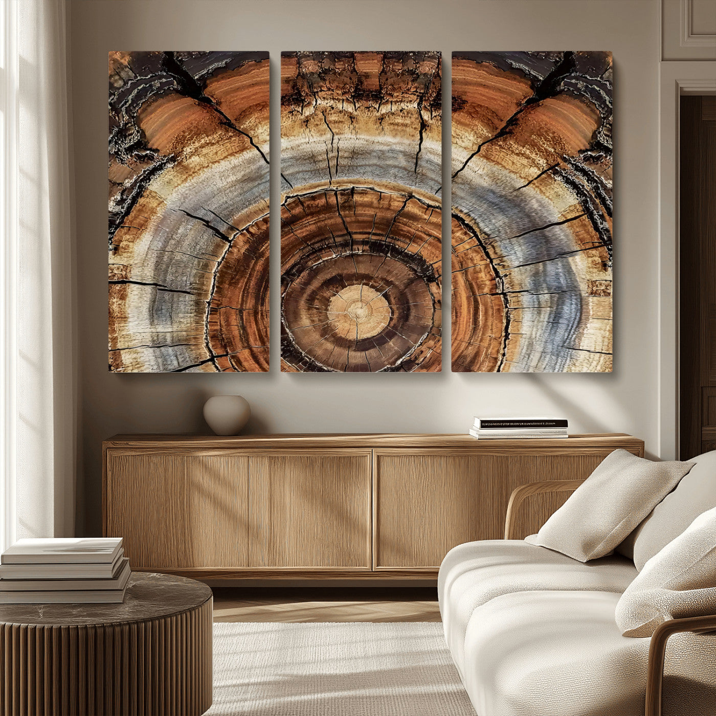 MGV-CV-48X32-3P - Tree Rings Wall Art Canvas Print, Framed Wood Texture Art Picture Print, Rustic Pattern Perfect Rustic Organic Decor Artwork