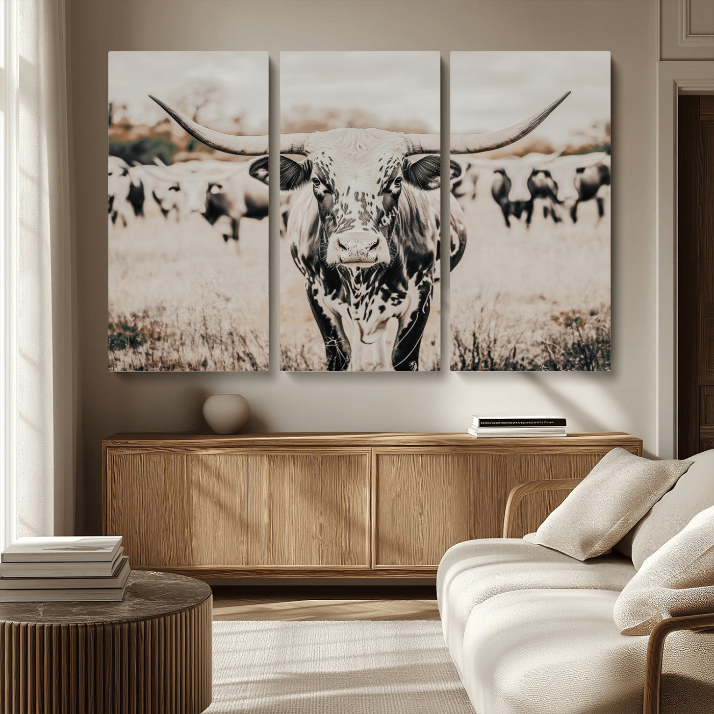 MGV-CV-48X32-3P - Texas Longhorn Wall Art Canvas Print, Framed Speckled Cow Art Picture Print, Horned Cattle Perfect Rustic Western Decor Artwork