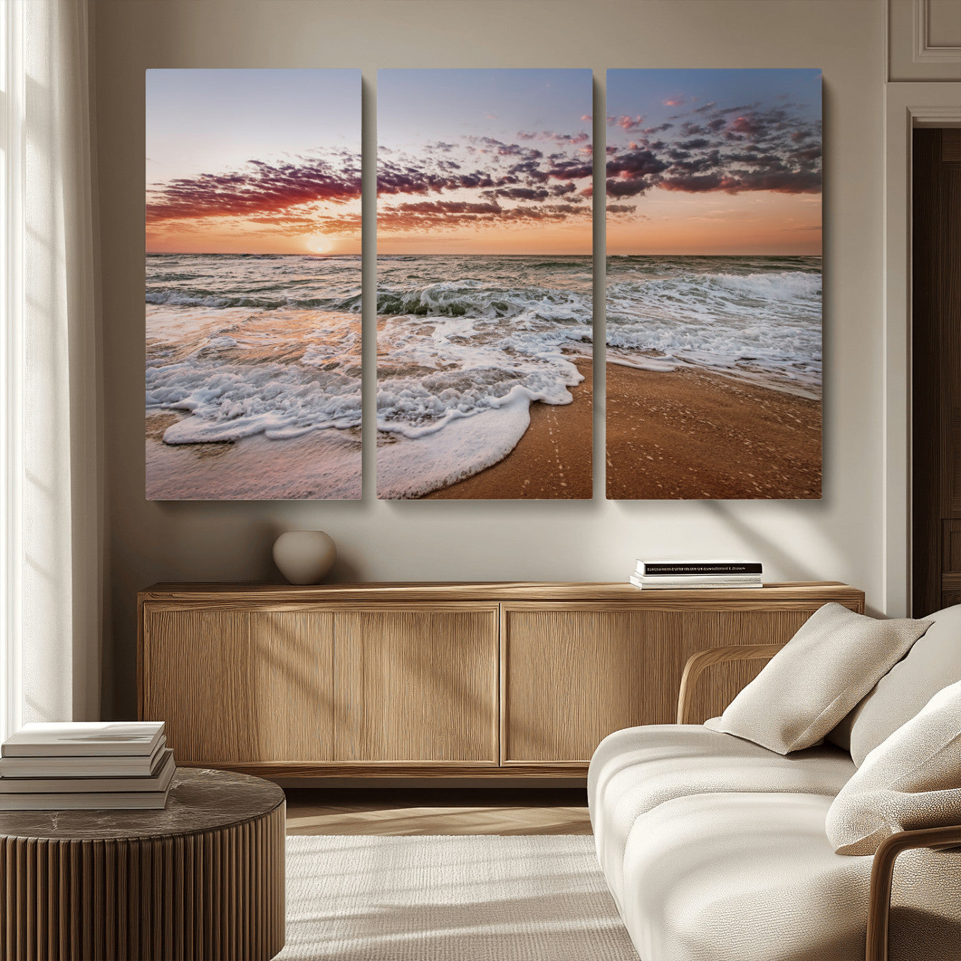 MGV-CV-48X32-3P - Ocean Sunset Wall Art Canvas Print, Framed Sandy Shore Art Picture Print, Gentle Waves Perfect Minimalist Coastal Decor Artwork