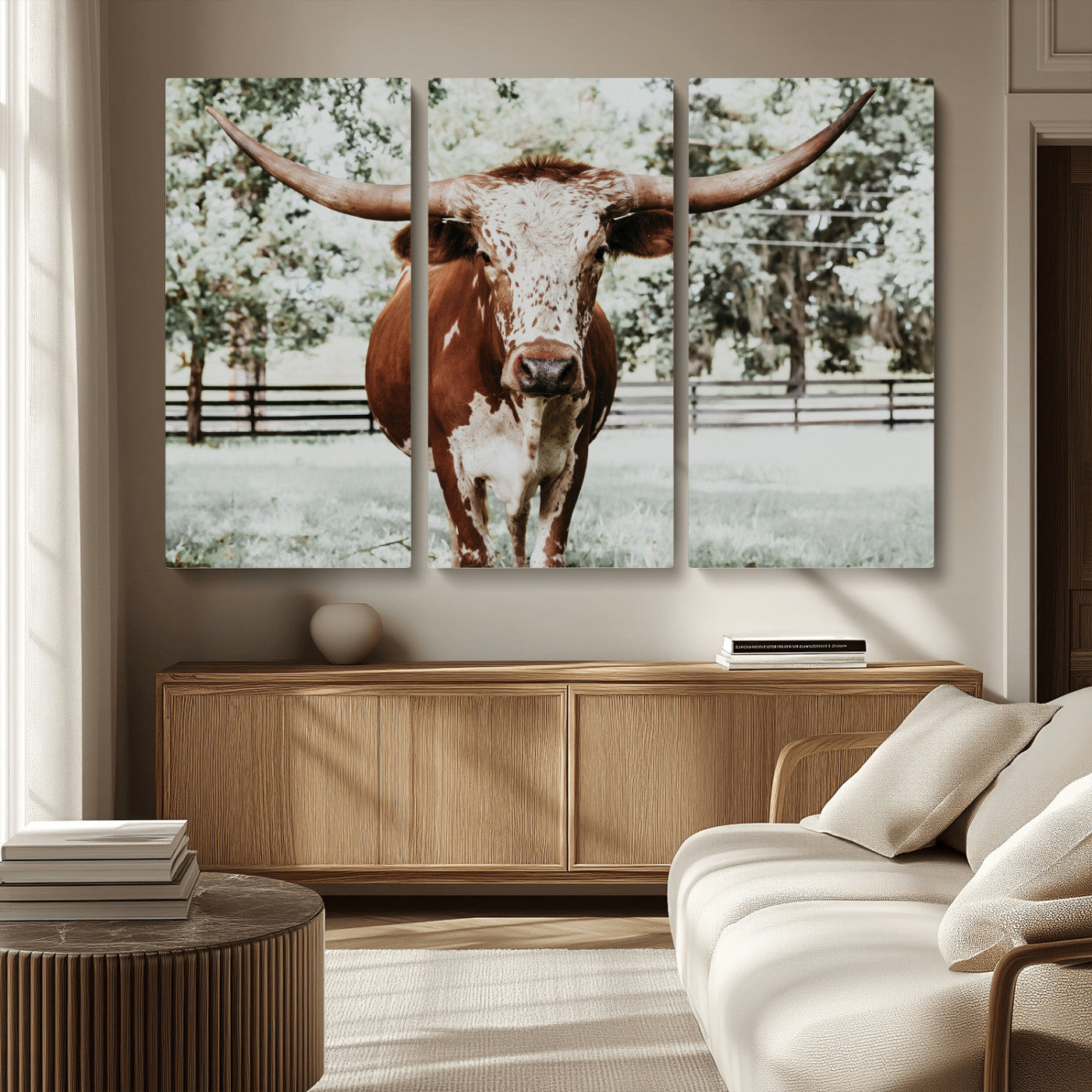 MGV-CV-48X32-3P - Texas Longhorn Wall Art Canvas Print, Framed Spotted Cow Art Picture Print, Horned Cattle Perfect Rustic Western Decor Artwork