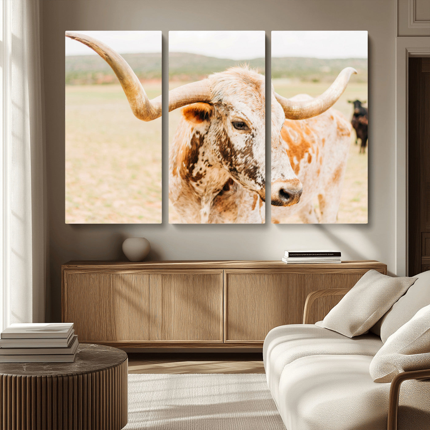 MGV-CV-48X32-3P - Texas Longhorn Wall Art Canvas Print, Framed Spotted Cow Art Picture Print, Horned Cattle Perfect Rustic Western Decor Artwork