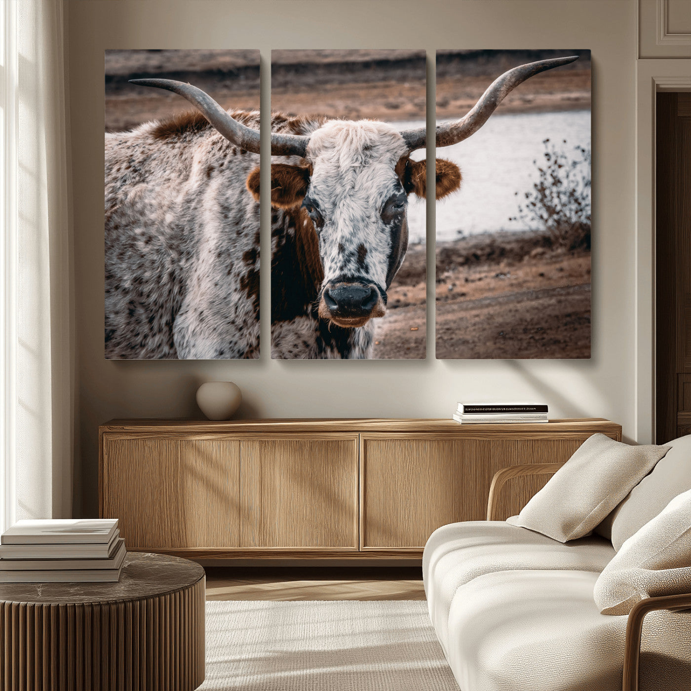 MGV-CV-48X32-3P - Texas Longhorn Wall Art Canvas Print, Framed Spotted Cow Art Picture Print, Horned Cattle Perfect Rustic Western Decor Artwork