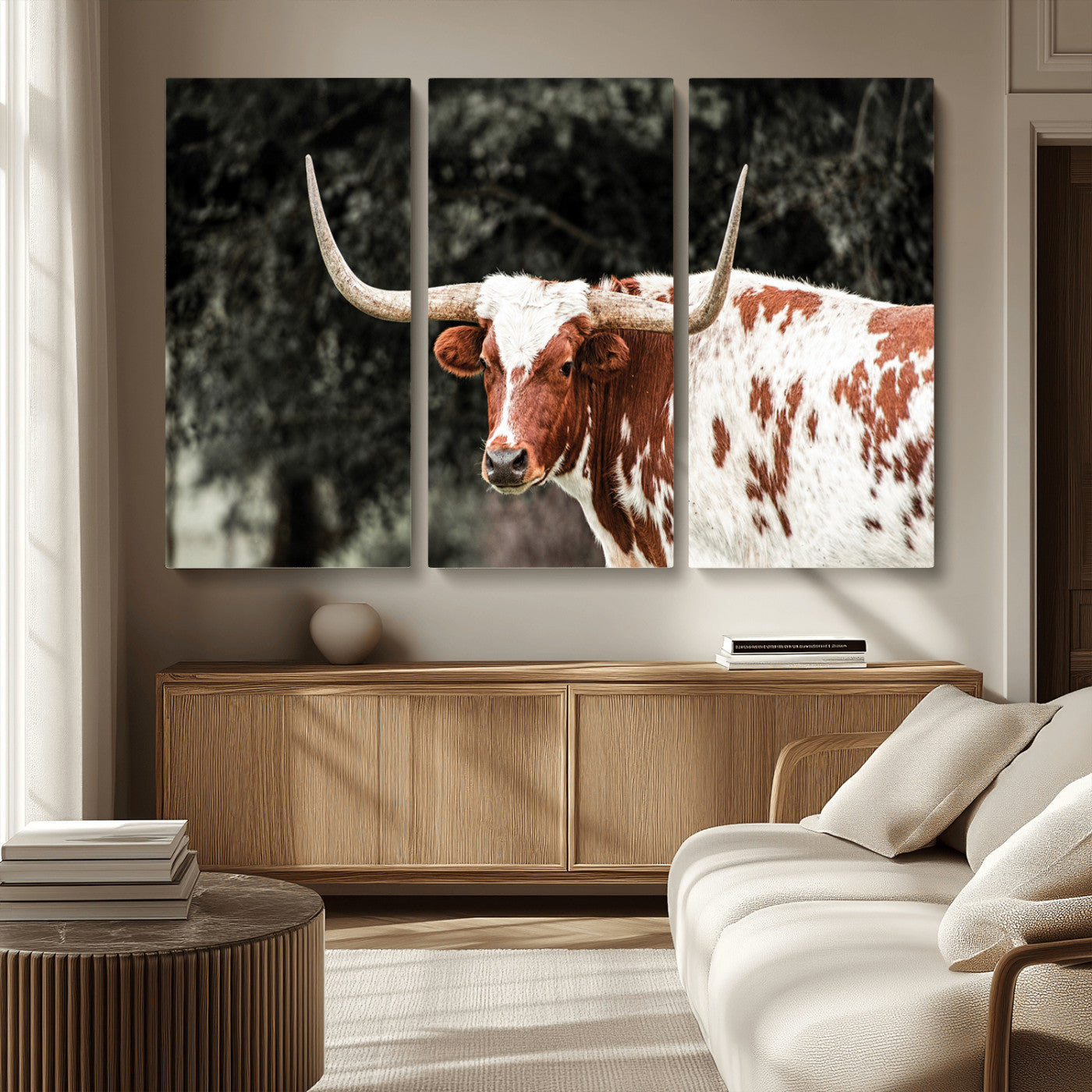 MGV-CV-48X32-3P - Texas Longhorn Wall Art Canvas Print, Framed Spotted Cow Art Picture Print, Horned Bull Perfect Rustic Western Decor Artwork