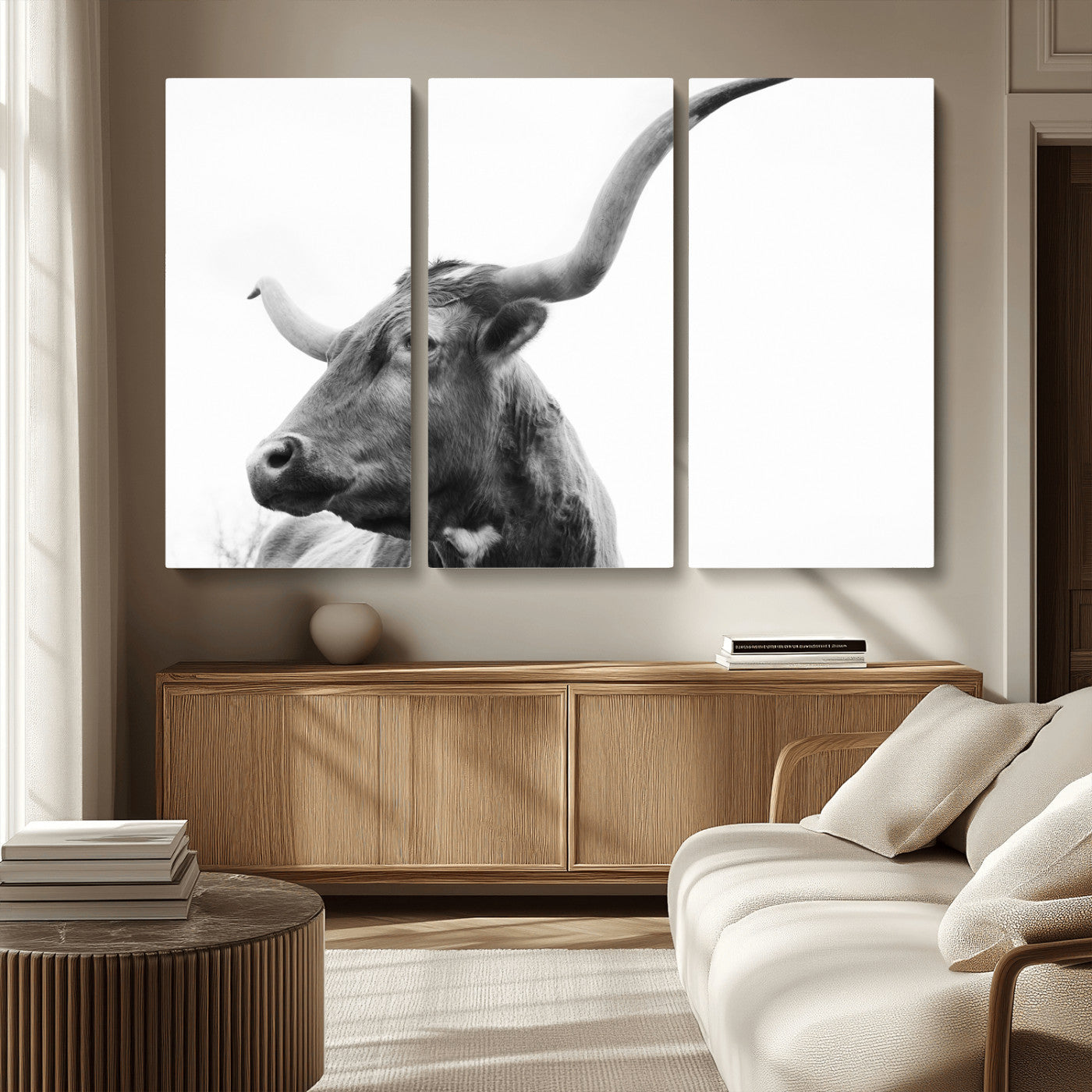 MGV-CV-48X32-3P - Longhorn Wall Art Wall Art Canvas Print, Framed Modern Ranch Style Art Art Picture Print, Monochrome Cow Print Perfect Rustic Western Decor Artwork