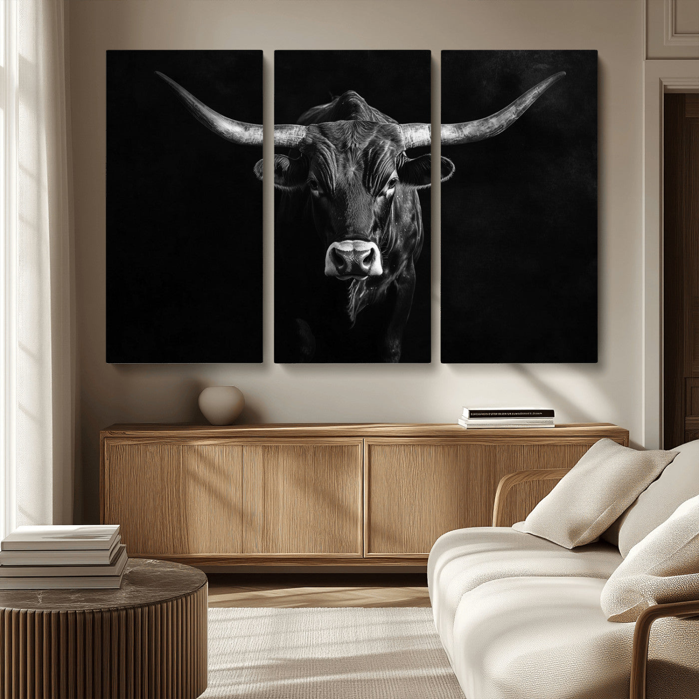 MGV-CV-48X32-3P - Texas Longhorn Wall Art Canvas Print, Framed Monochrome Bull Art Picture Print, Horned Bull Perfect Rustic Western Decor Artwork