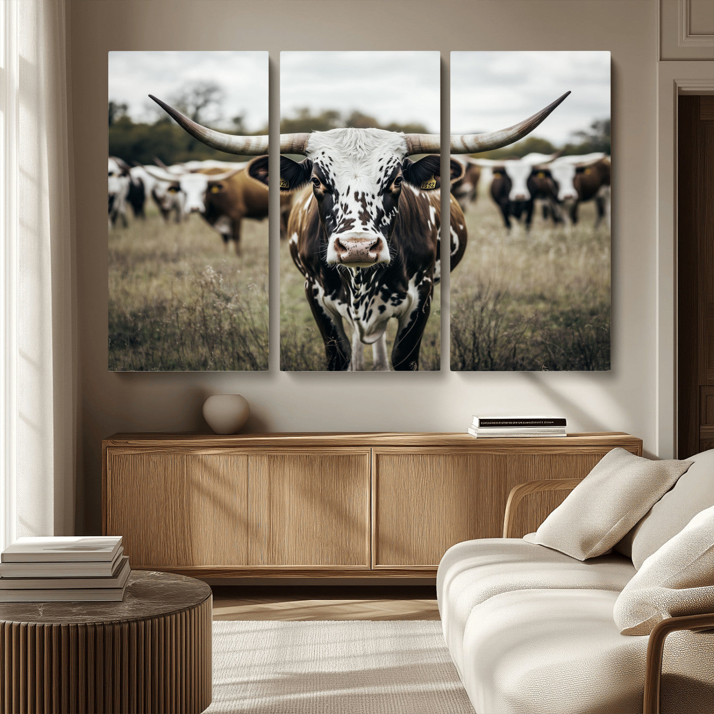 MGV-CV-48X32-3P - Majestic Longhorn Cow Wall Art – Canvas Print of Intricate Fur & Sharp Horns Earthy Tones Serene Landscape, Rustic Charm Decor for Living Room, Office or Bedroom