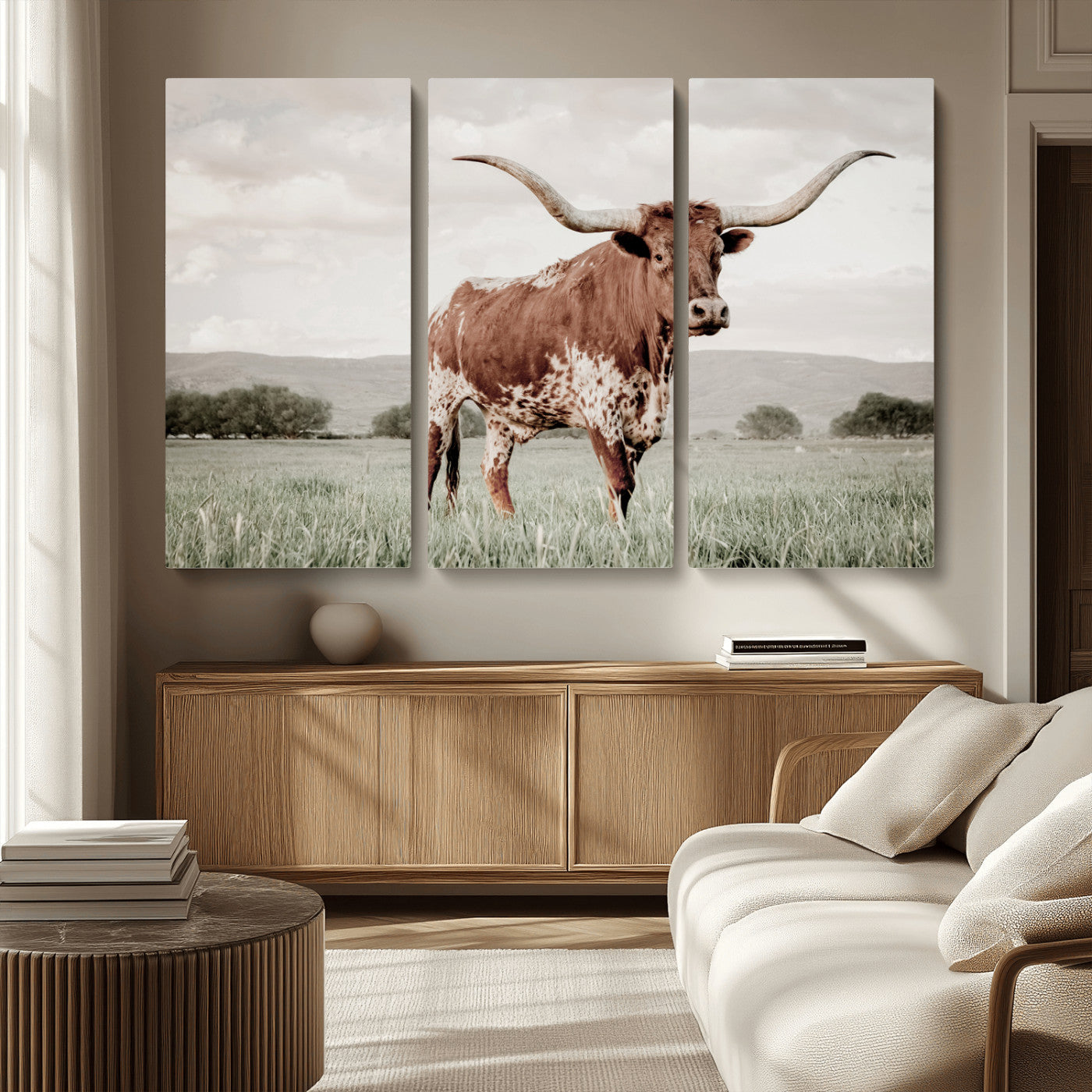MGV-CV-48X32-3P - Texas Longhorn Wall Art Canvas Print, Framed Spotted Cattle Art Picture Print, Horned Bull Perfect Rustic Western Decor Artwork