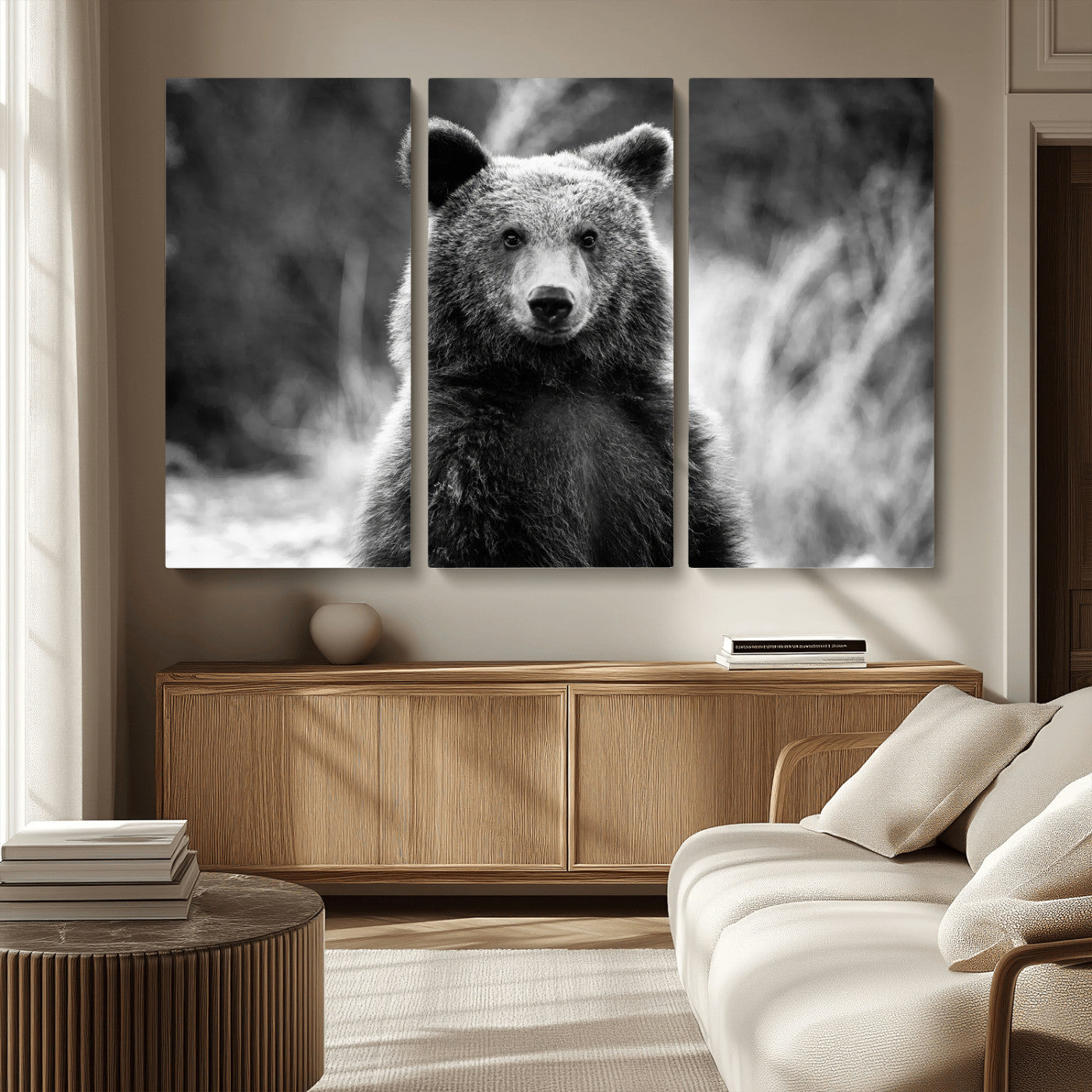 MGV-CV-48X32-3P - Grizzly Bear Wall Art Canvas Print, Framed Black White Bear Art Picture Print, Wild Bear Perfect Rustic Wildlife Decor Artwork