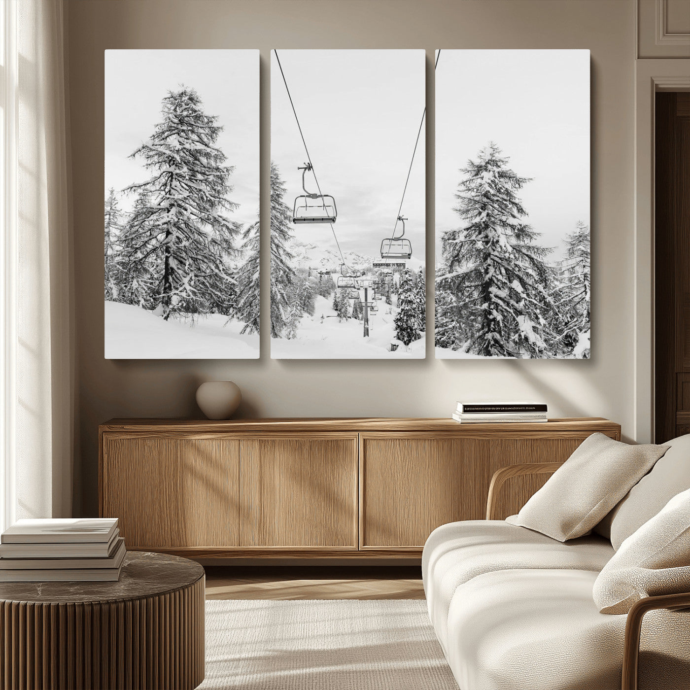MGV-CV-48X32-3P - Wall Art Canvas Print Winter Chairlift Views Silent Snow-Covered Pines Mountain Calm Serenity Frozen