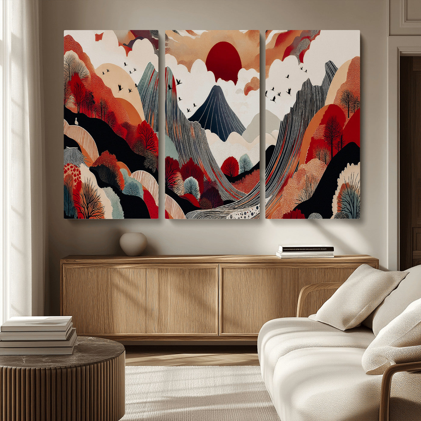 MGV-CV-48X32-3P - Abstract Mountain Wall Art Canvas Print, Framed Vibrant Landscape Art Picture Print, Stylized Nature Drawing Perfect Contemporary Minimalist Decor Artwork