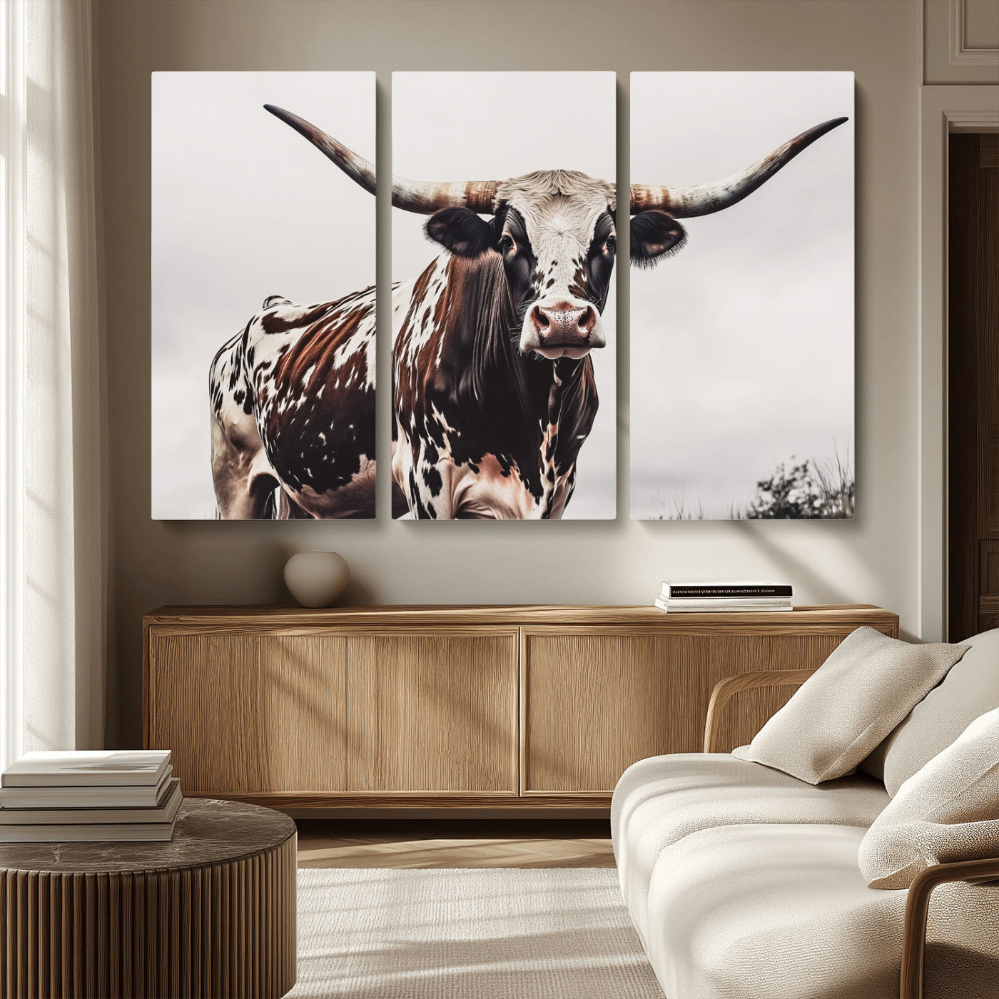 Close-up of a Texas Longhorn bull with powerful horns, perfect for rustic farmhouse or country-themed home decor. Ideal for animal lovers.