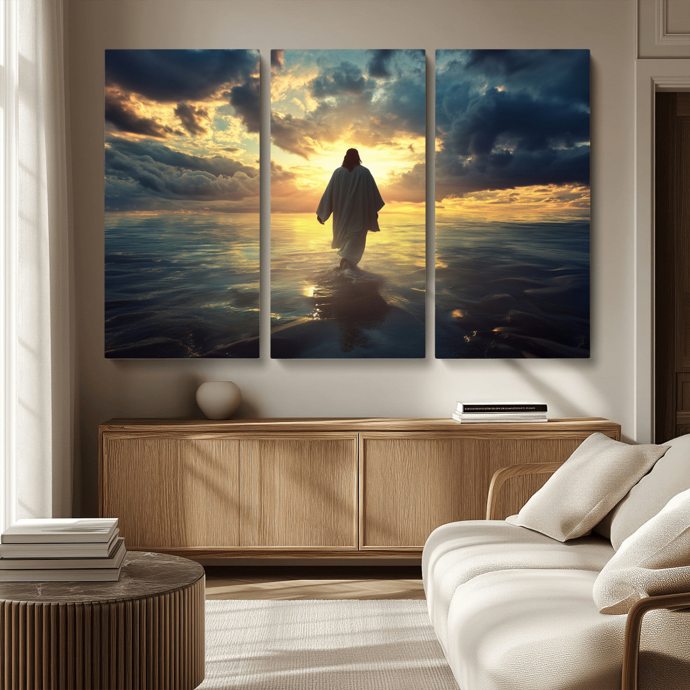 MGV-CV-48X32-3P - Jesus Walks Wall Art Canvas Print, Framed Divine Sunset Art Picture Print, Spiritual Light Perfect Spiritual Tranquil Decor Artwork