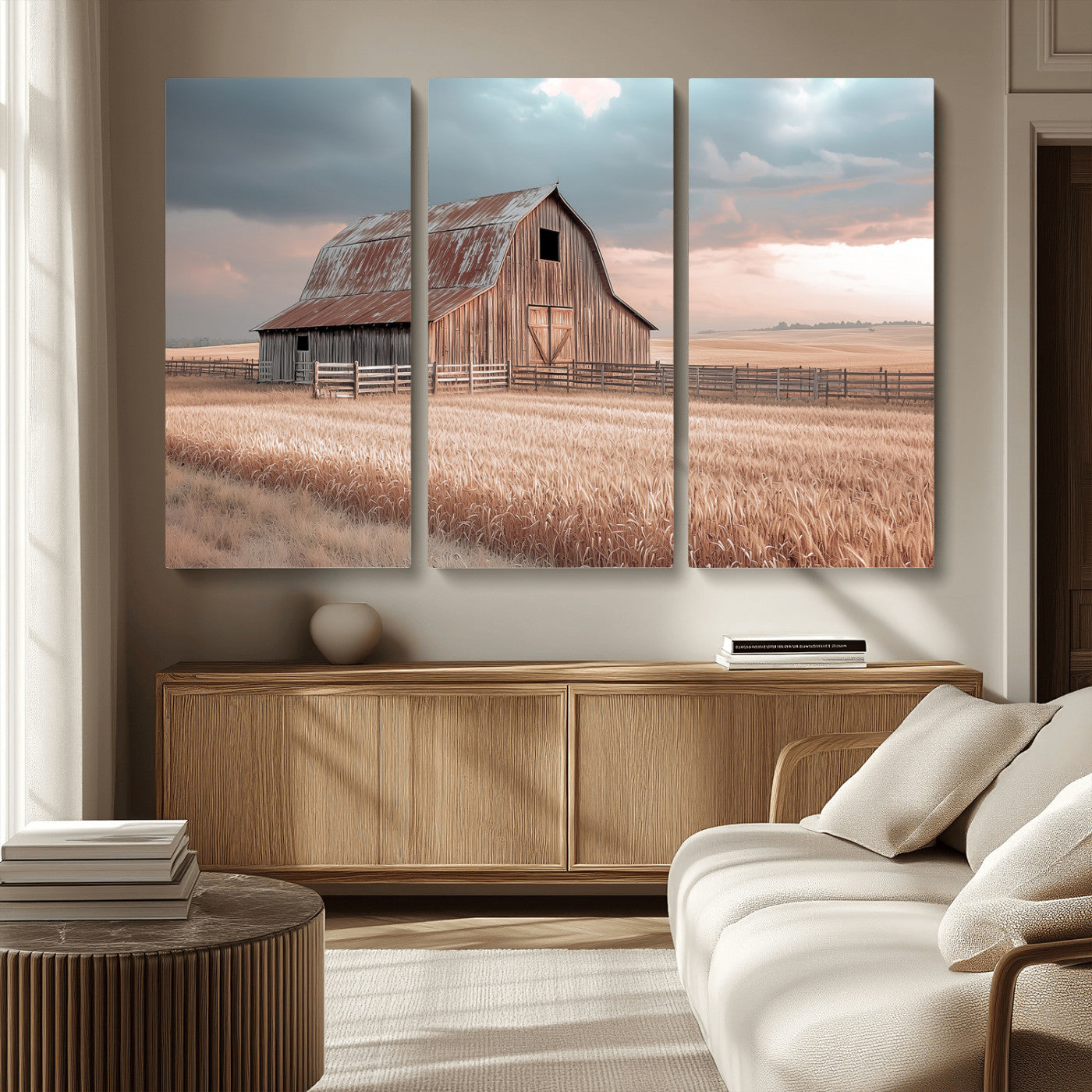 MGV-CV-48X32-3P - Rustic Barn Wall Art Canvas Print, Framed Wheat Field Art Picture Print, Sunset Barn Perfect Vintage Farmhouse Decor Artwork