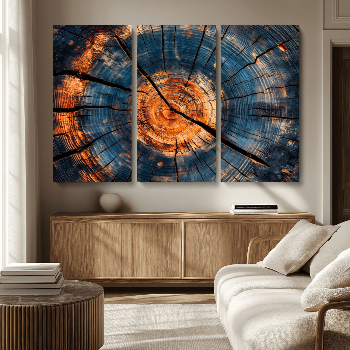 MGV-CV-48X32-3P - Burnt Wood Wall Art Canvas Print, Framed Aged Timber Art Picture Print, Rustic Tree Slice Perfect Rustic Decor Artwork