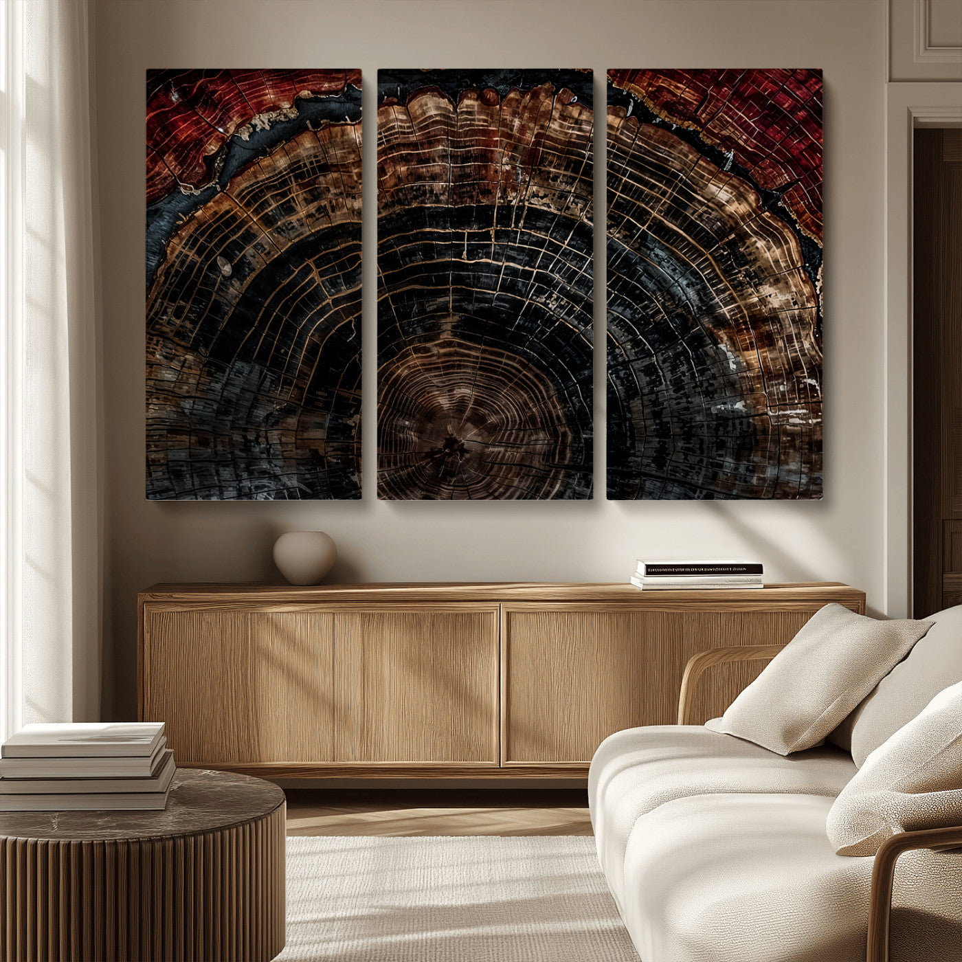 MGV-CV-48X32-3P - Dark Wood Ring Wall Art Canvas Print, Framed Abstract Wood Tree Art Picture Print, Rustic Tree Slice Perfect Rustic Decor Artwork