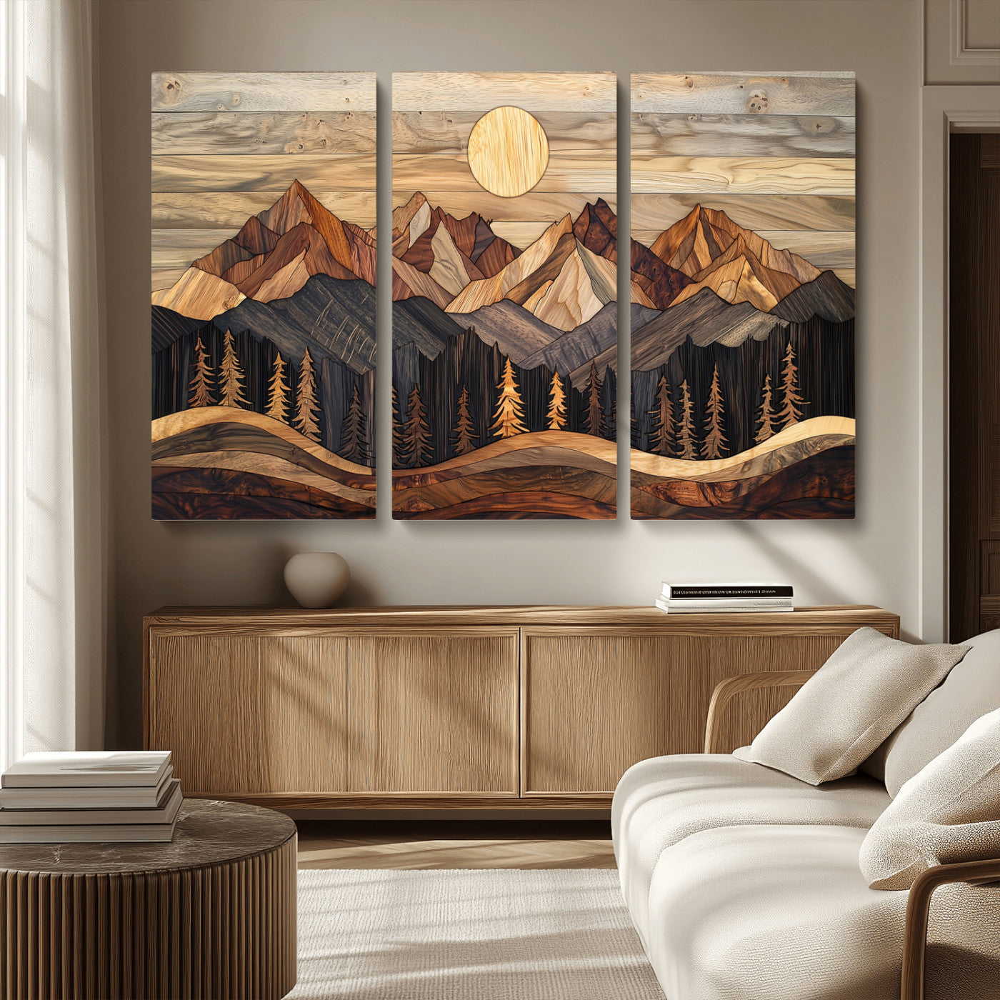 MGV-CV-48X32-3P - Wood Mountain Wall Art Canvas Print, Framed Boho Wood Art Picture Print, Abstract Woodland Perfect Farmhouse Decor Artwork