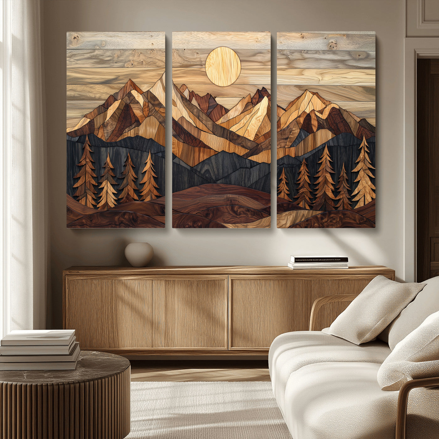 MGV-CV-48X32-3P - Wood Mountain Landscape Wall Art Canvas Print, Framed Sunset Hills Art Picture Print, Abstract Nature Perfect Boho Decor Artwork