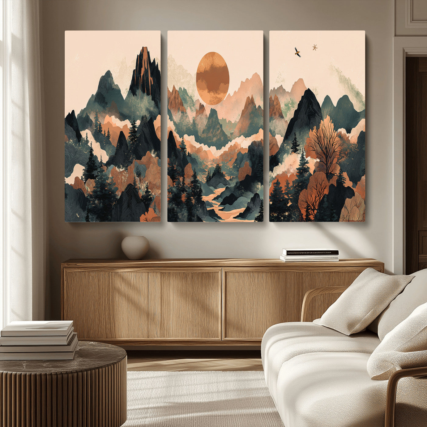 MGV-CV-48X32-3P - Wood Mountain Landscape Wall Art Canvas Print, Framed Sunset Hills Art Picture Print, Abstract Nature Perfect Boho Decor Artwork
