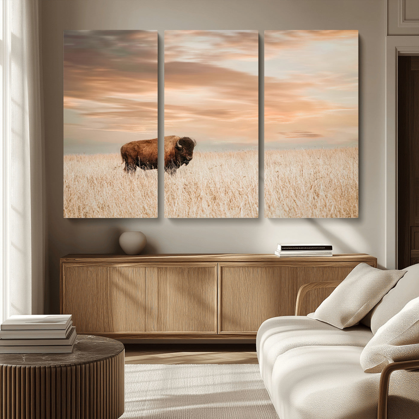 MGV-CV-48X32-3P - Bison Wall Art Canvas Print, Framed Buffalo Art Picture Print, Western Prairie Perfect Rustic Decor Artwork