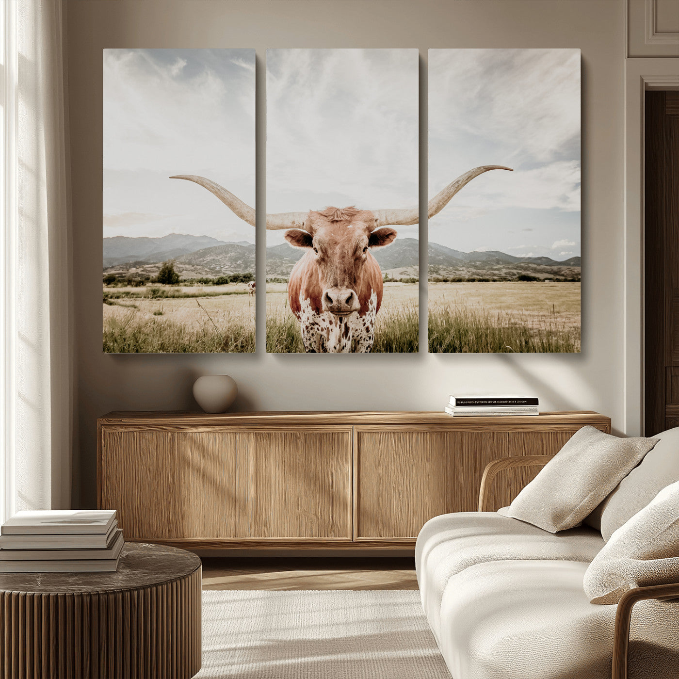 MGV-CV-48X32-3P - Texas Longhorn Wall Art Canvas Print, Framed Western Cow Art Picture Print, Rustic Farmhouse Perfect Farmhouse Decor Artwork