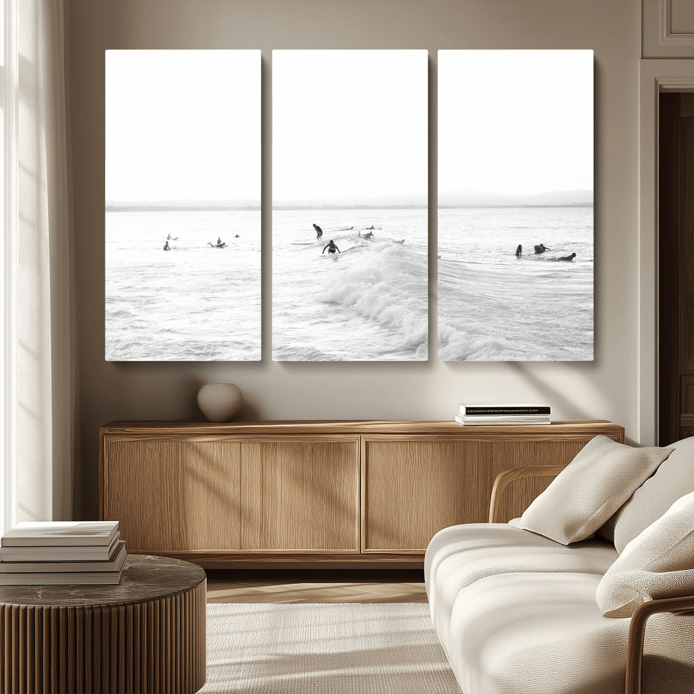 33449548-MGV-CV-36X24 - Surf Crowd Motion Wall Art – Active Surfers & Ocean Waves Canvas Print, Dynamic Water and Coastal Horizon for Living Room or Sea Adventure Decor