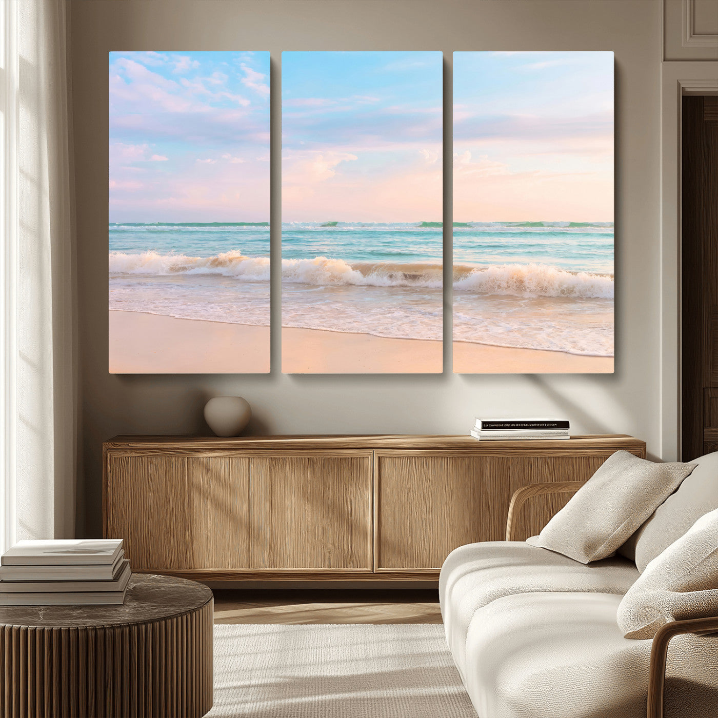 74679437-MGV-CV-36X24 - Serene Waves Wall Art – Golden Shore & Soft Pastel Sky Canvas Print, Gentle Ocean and Peaceful Sunset for Living Room or Office