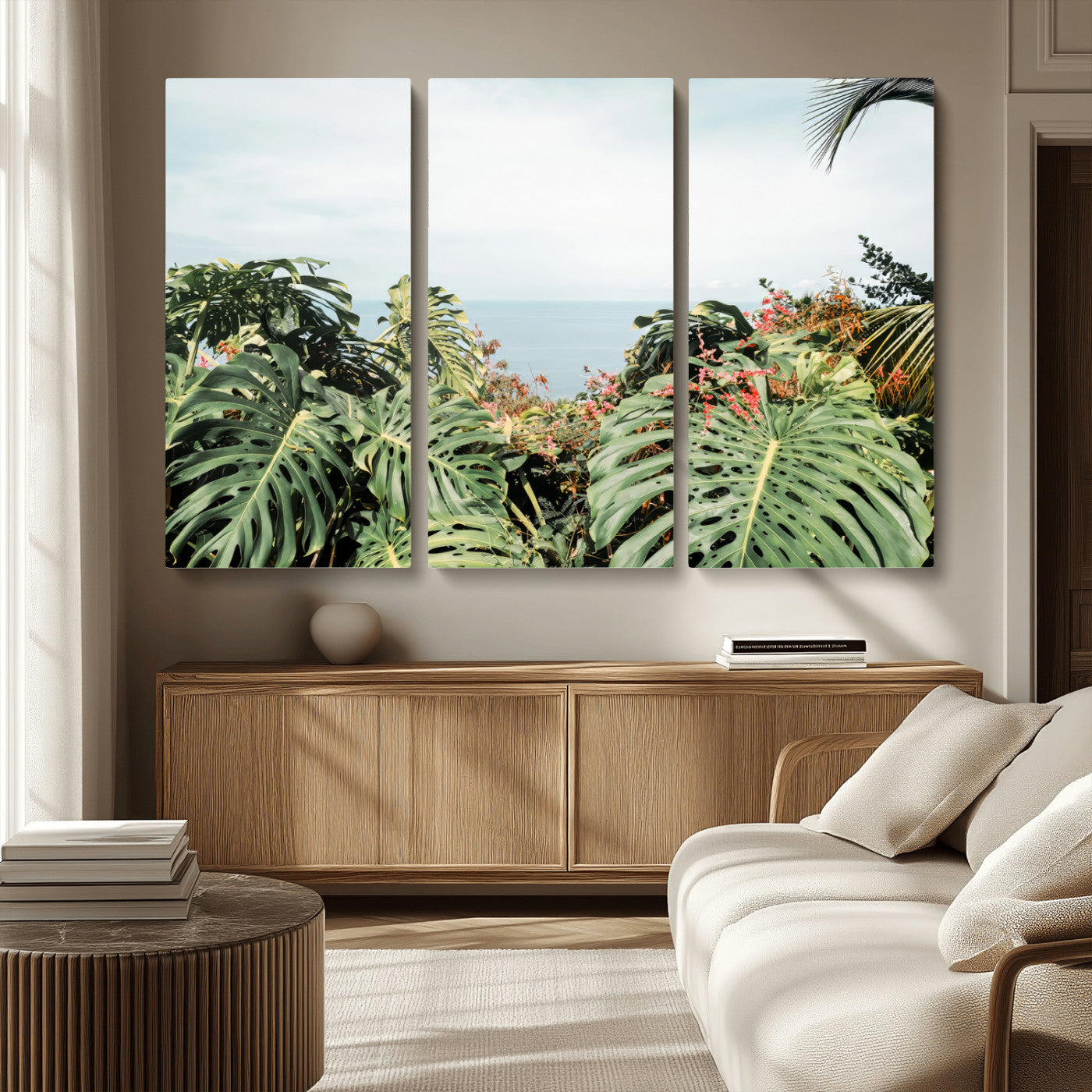 45700479-MGV-CV-36X24 - Tropical Greenery Wall Art – Exotic Leaves & Ocean View Canvas Print, Sunlit Paradise and Vibrant Nature for Living Room or Coastal Decor