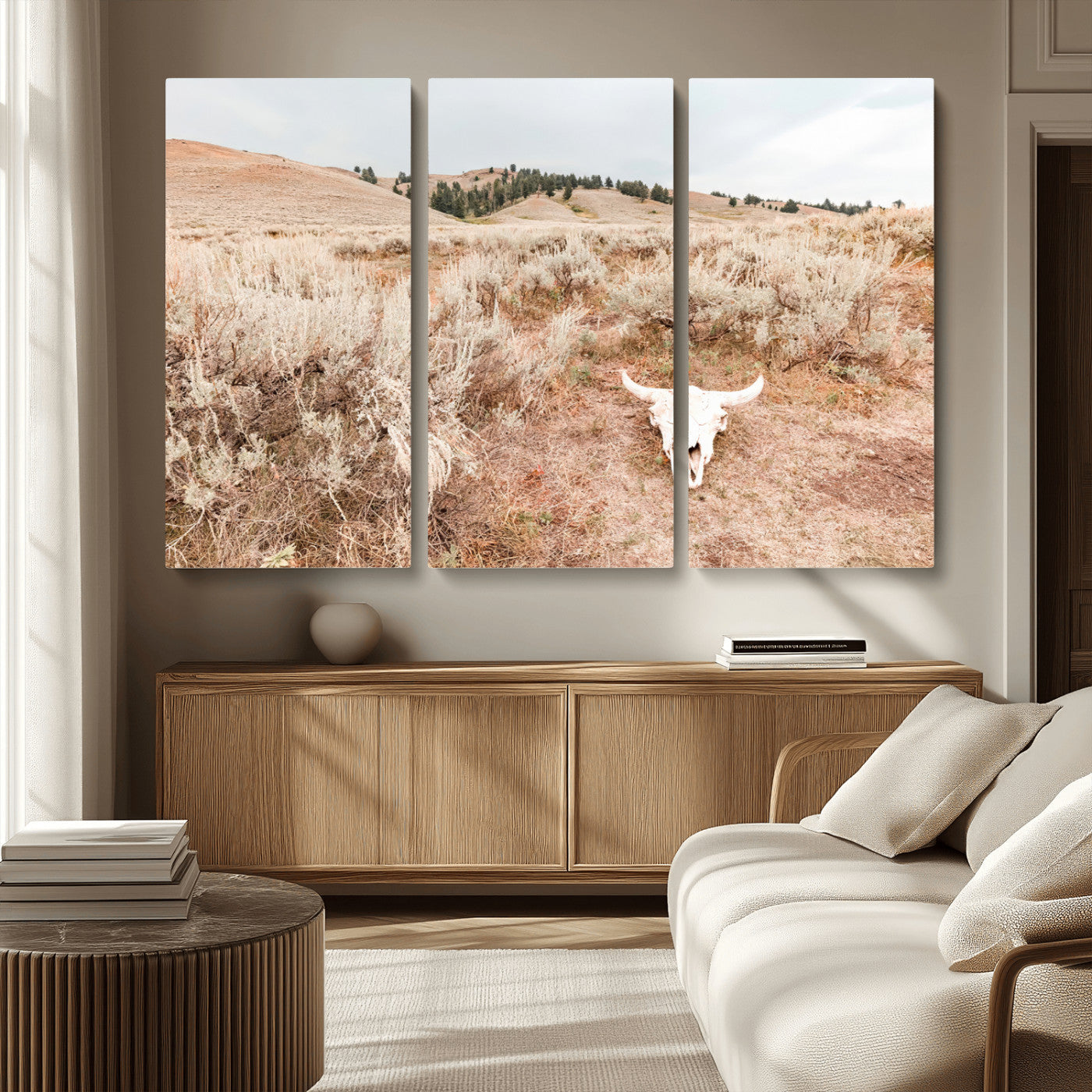 97234735-MGV-CV-36X24 - Desert Skull Wall Art – Arid Landscape & Sagebrush Canvas Print, Rustic Nature and Earth Tones for Living Room or Minimalist Decor