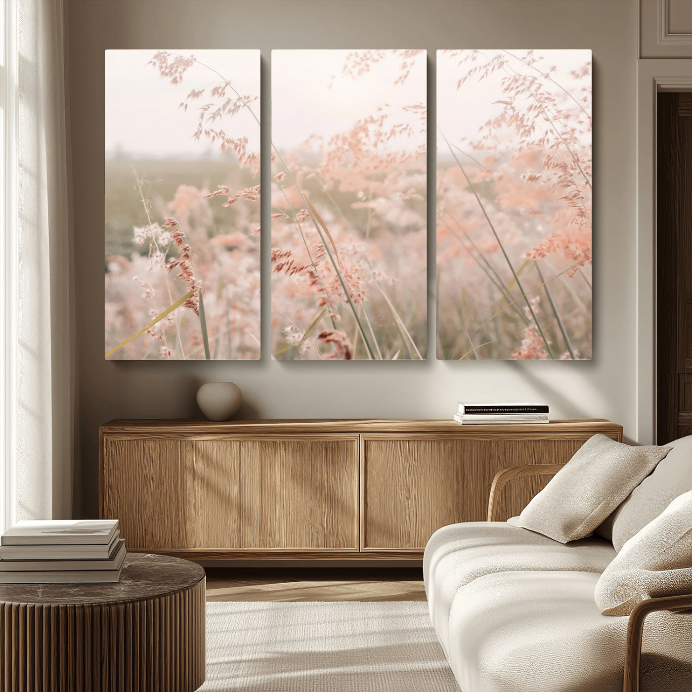 MGV-CV-48X32-3P - Pastel Grasses Wall Art Canvas Print, Framed Soft Meadow Art Picture Print, Field in Breeze Perfect Soft Pastel Minimal Decor Artwork