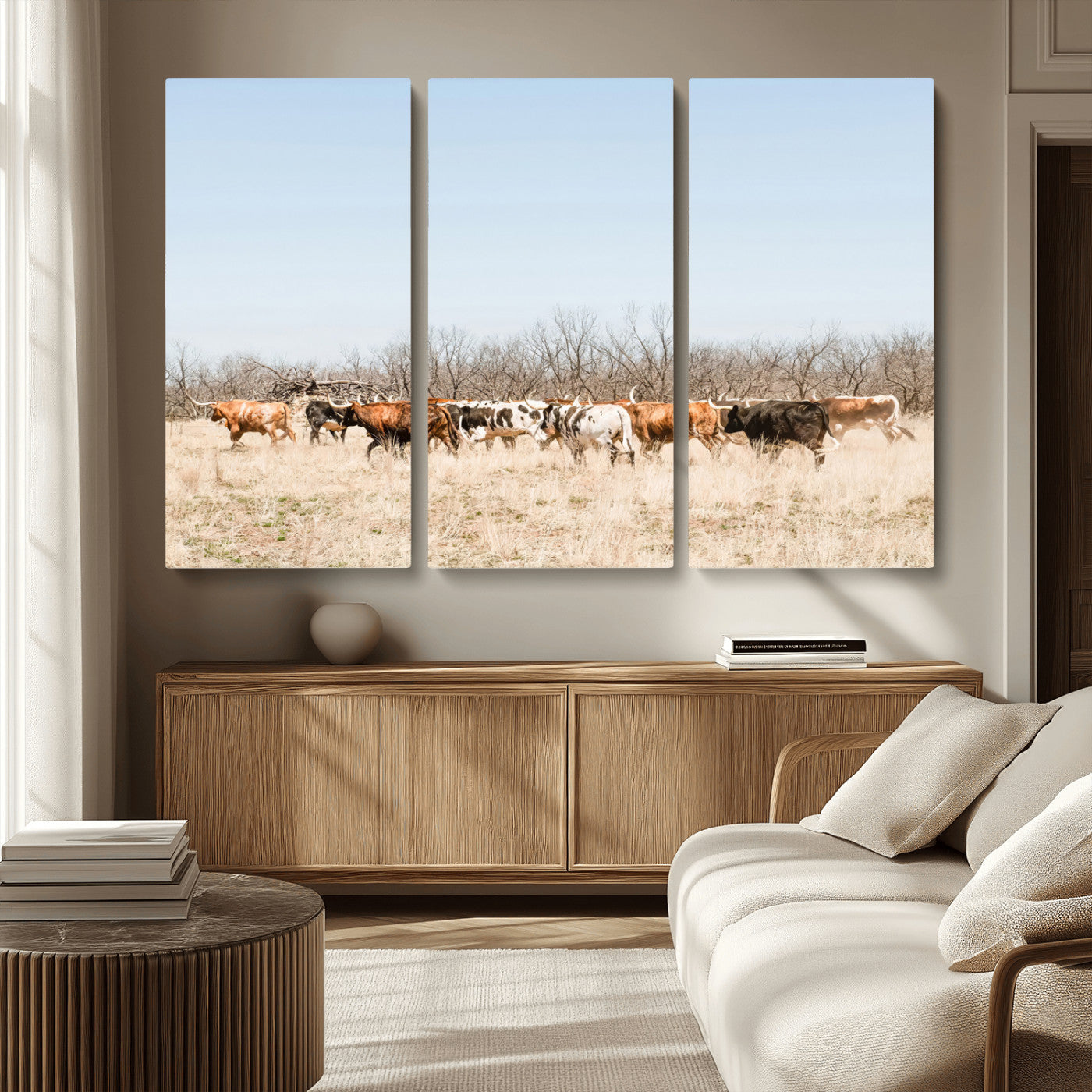 MGV-CV-48X32-3P - Texas Longhorns Wall Art Canvas Print, Framed Western Cattles Art Picture Print, Rustic Herd Perfect Rustic Farmhouse Decor Artwork
