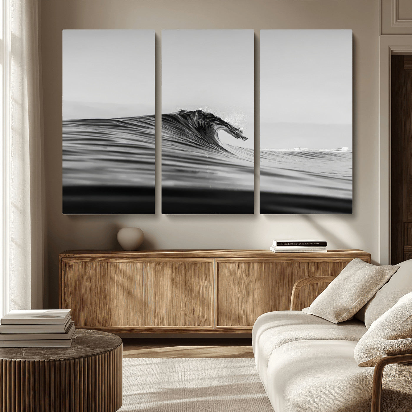 MGV-CV-48X32-3P - Black Wave Wall Art Canvas Print, Framed Abstract Surf Art Picture Print, Minimalist Ocean Perfect Minimalist Coastal Decor Artwork
