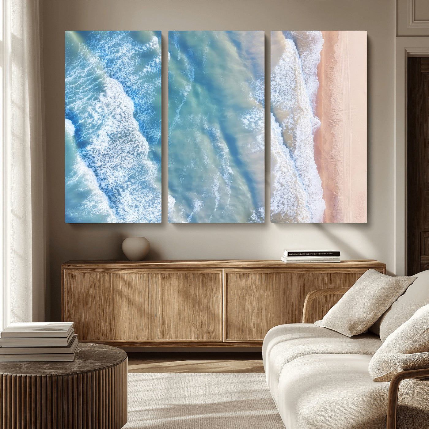 MGV-CV-48X32-3P - Aerial Ocean View Wall Art Canvas Print, Framed Soft Blue Waves Art Picture Print, Sandy Shoreline Perfect Modern Coastal Decor Artwork
