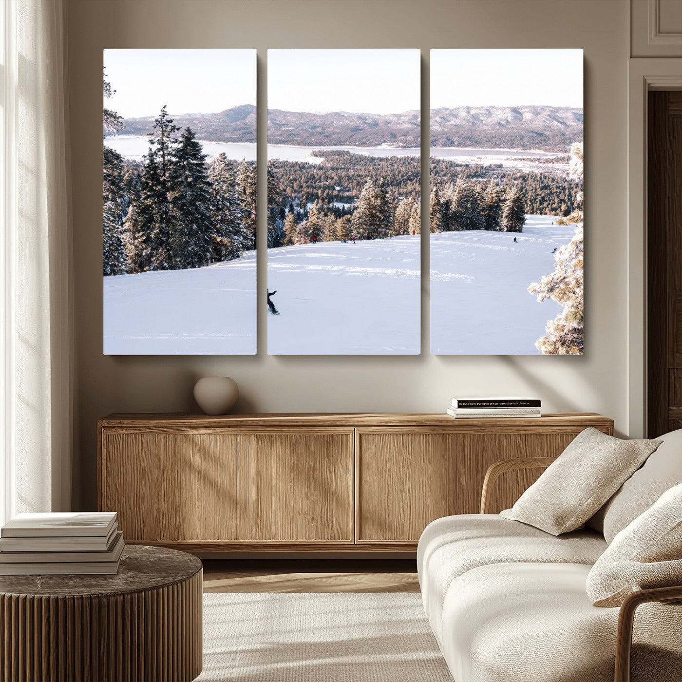 79857868-MGV-CV-36X24 - Snowboarder Wall Art – Winter Slope Canvas Print, Pine Forest, Snow-Covered Mountains, Outdoor Adventure for Living Room or Cabin Decor