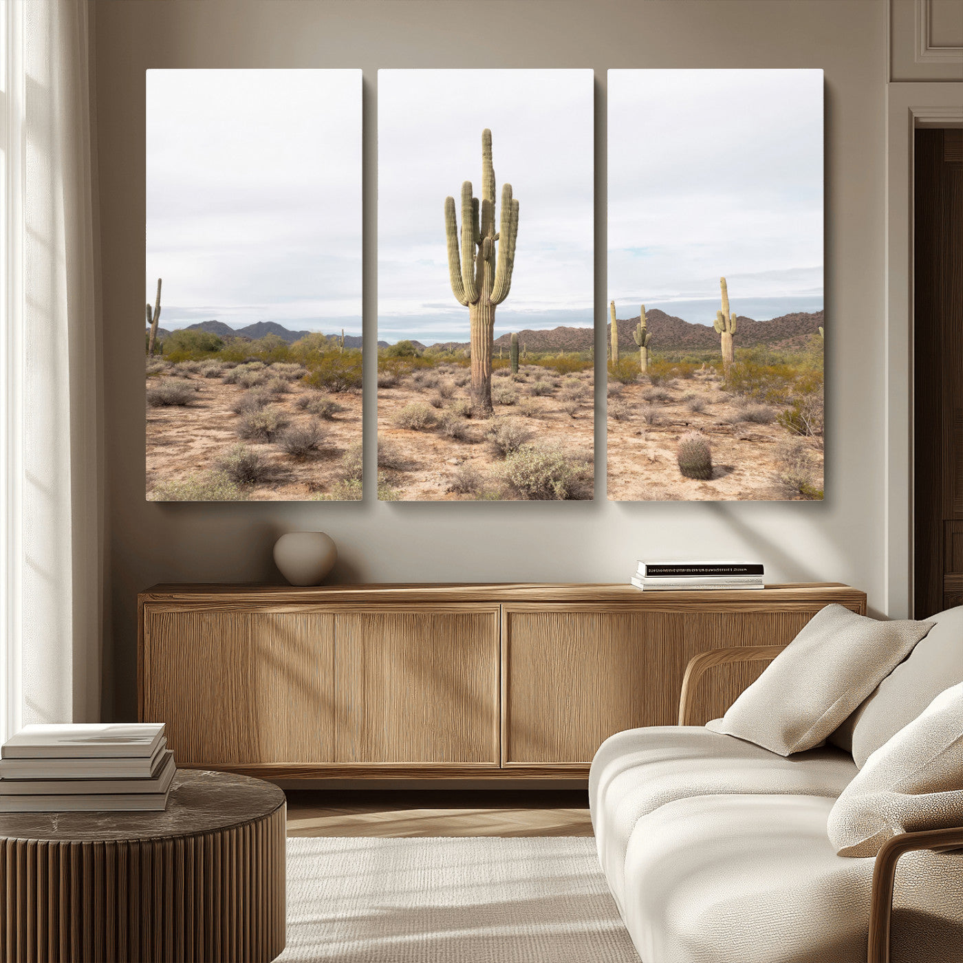 MGV-CV-48X32-3P - Saguaro Cactus Wall Art Canvas Print, Framed Desert Cactus Art Picture Print, Earthy Desert Perfect Southwestern Boho Decor Artwork
