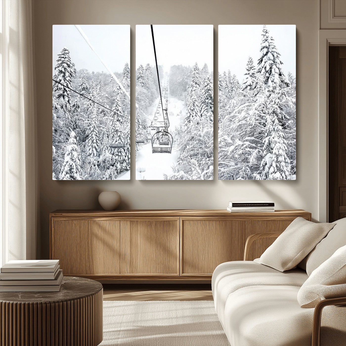 MGV-CV-48X32-3P - Winter Snow Ski Lift Wall Art Canvas Print Winter Trees Print