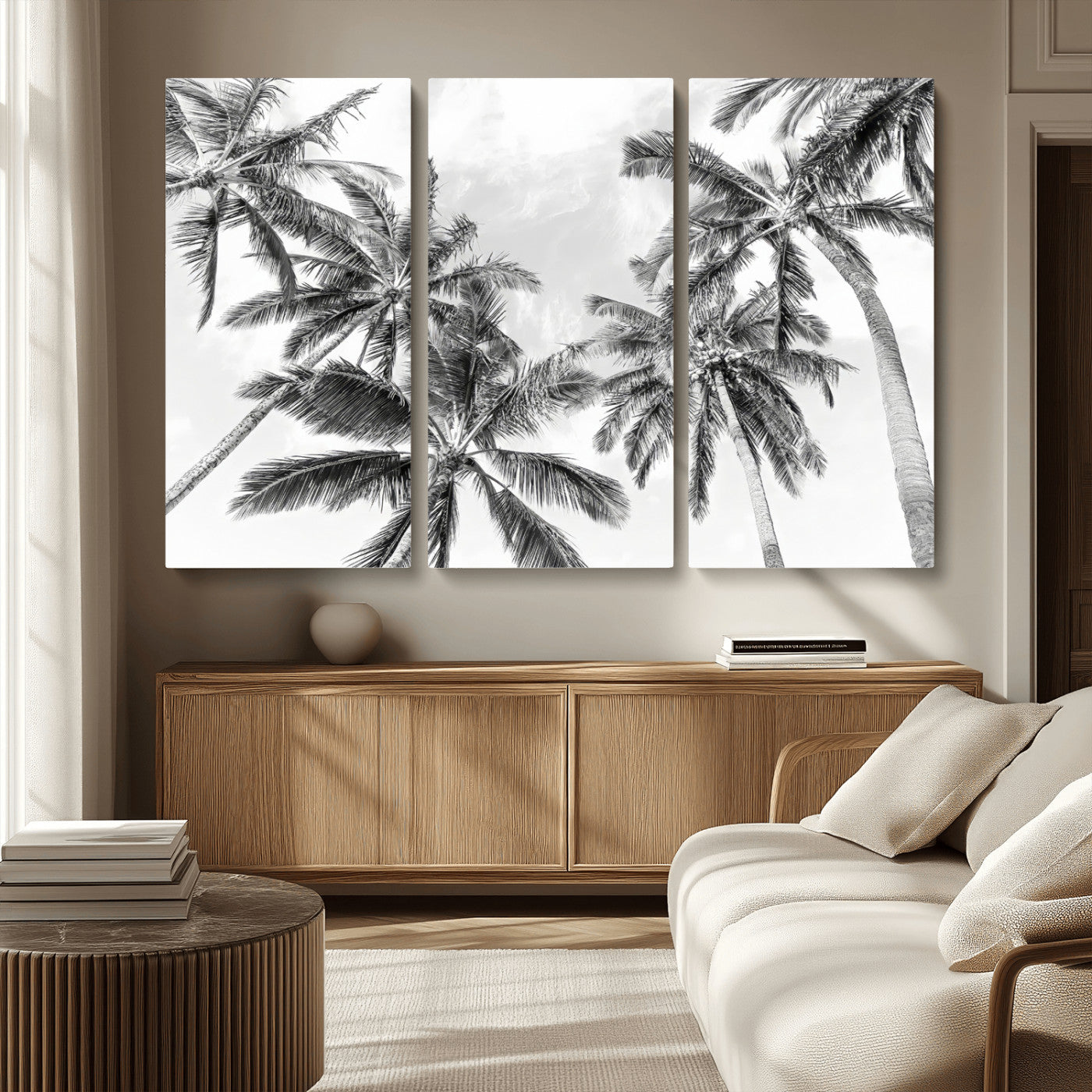 MGV-CV-48X32-3P - Black White Palm Wall Art Canvas Print, Framed Monochrome Tropics Art Picture Print, Minimalist Beach Perfect Coastal Minimalist Decor Artwork