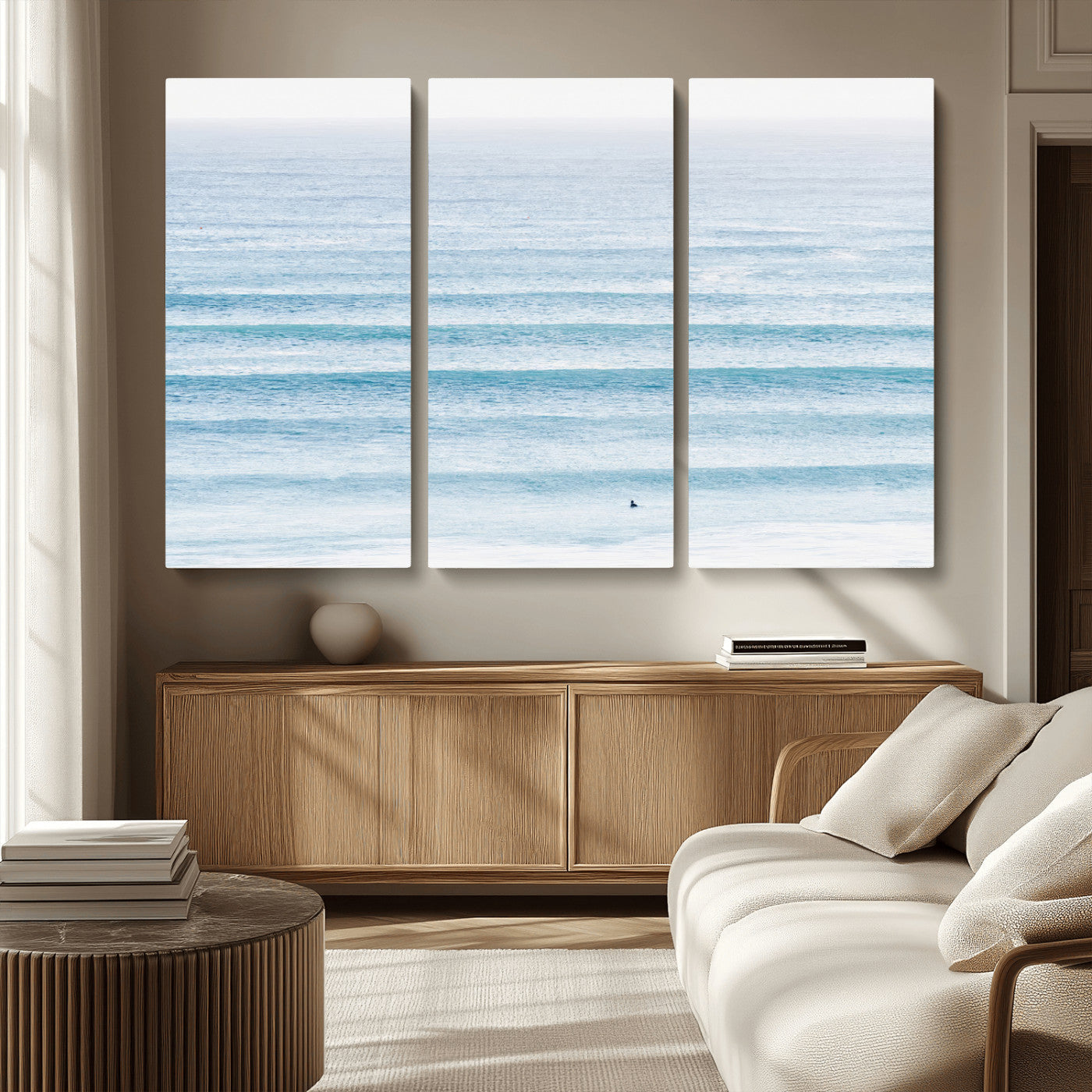 77145995-MGV-CV-36X24-Ocean Wave Surfer Wall Art – Framed Minimal Seascape Canvas Artwork, Calm Blue Water Design, Coastal Decor for Home, Office