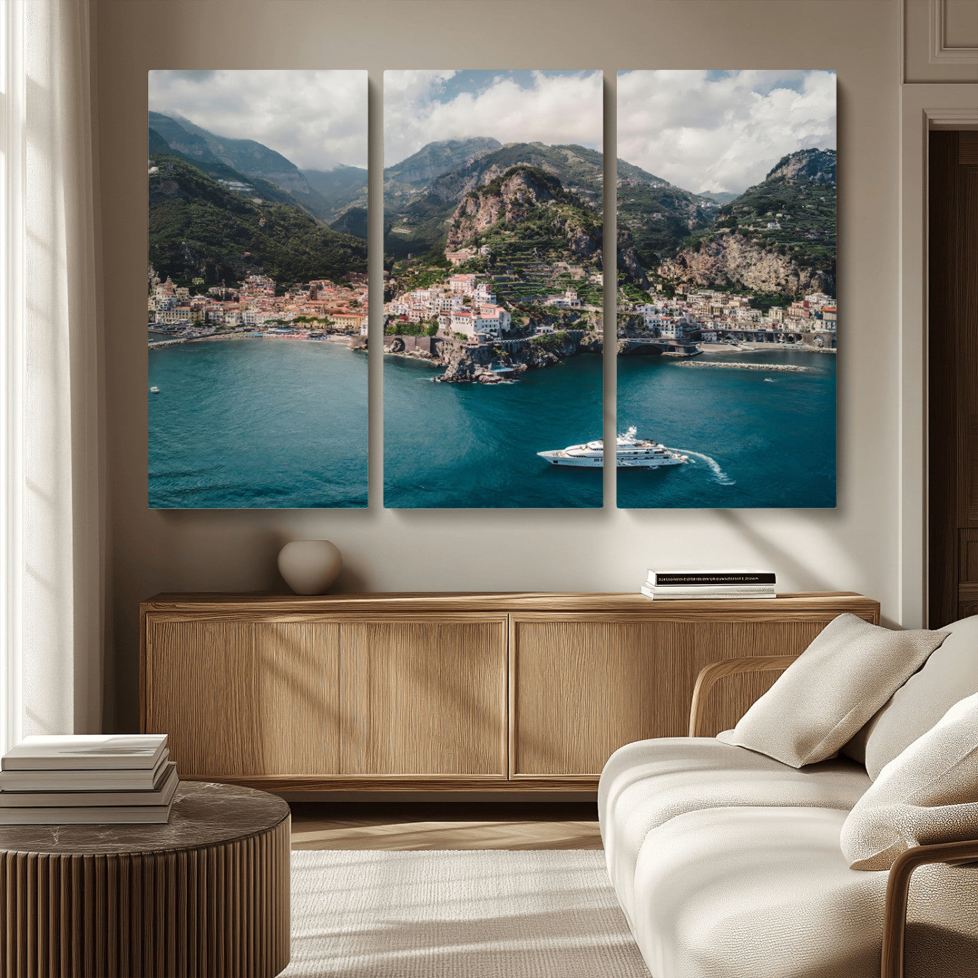 20321590-MGV-CV-36X24-Amalfi Coast Wall Art – Framed Italian Seaside Canvas Artwork, Mediterranean Landscape Design, Coastal Decor for Home, Office