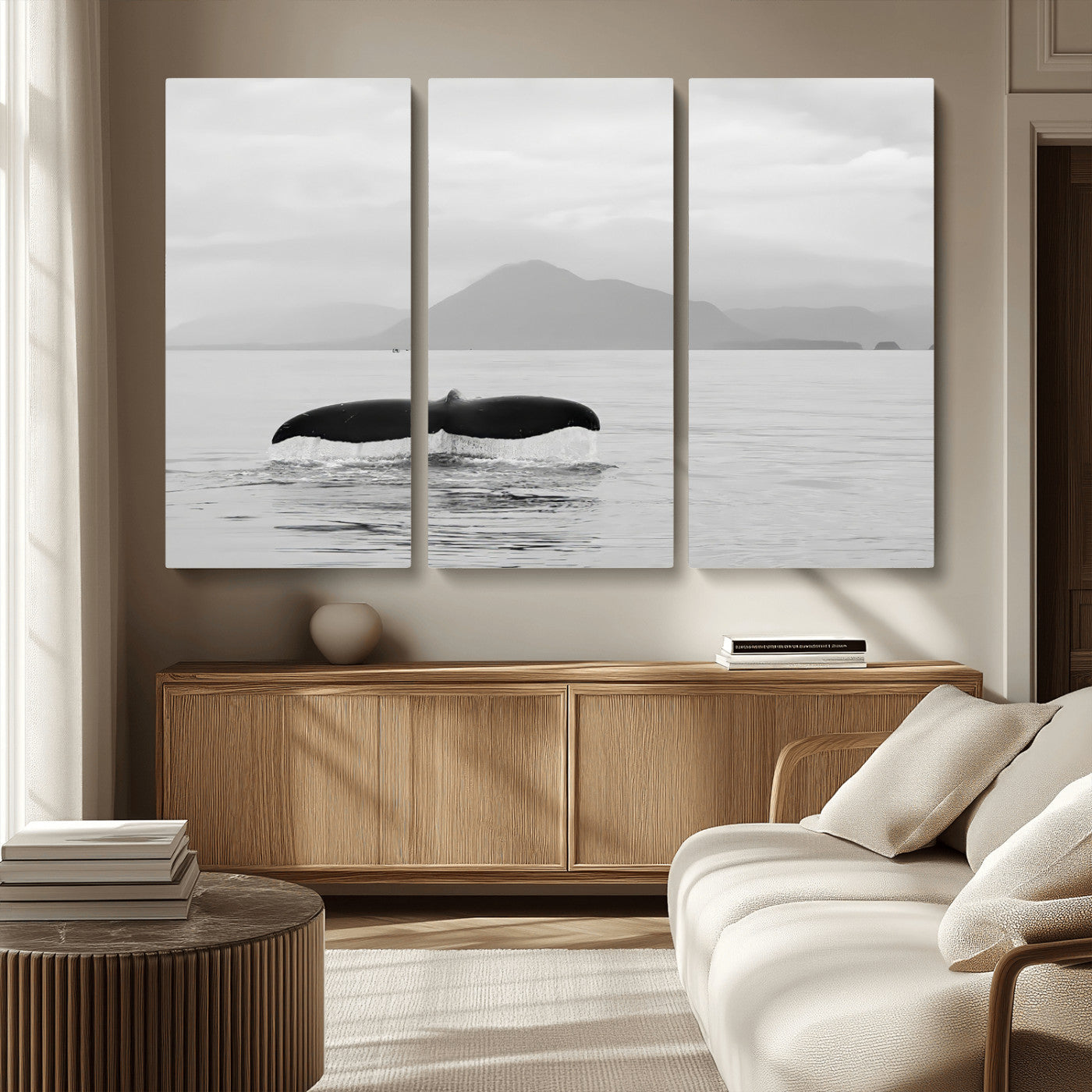 MGV-CV-48X32-3P - Whale Tail Wall Art Canvas Print, Framed Black White Ocean Art Picture Print, Calm Marine Perfect Minimalist Coastal Decor Artwork