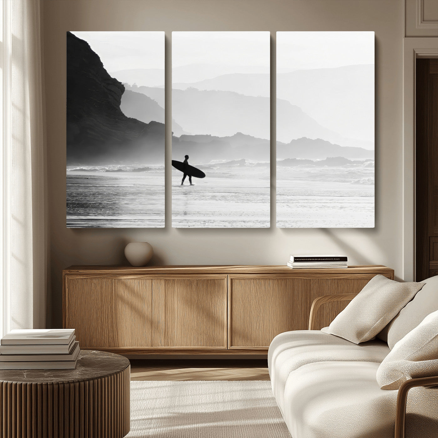 MGV-CV-48X32-3P - Surfer In Fog Wall Art Canvas Print, Framed Moody Shoreline Art Picture Print, Cliffside Waves Perfect Minimalist Coastal Decor Artwork