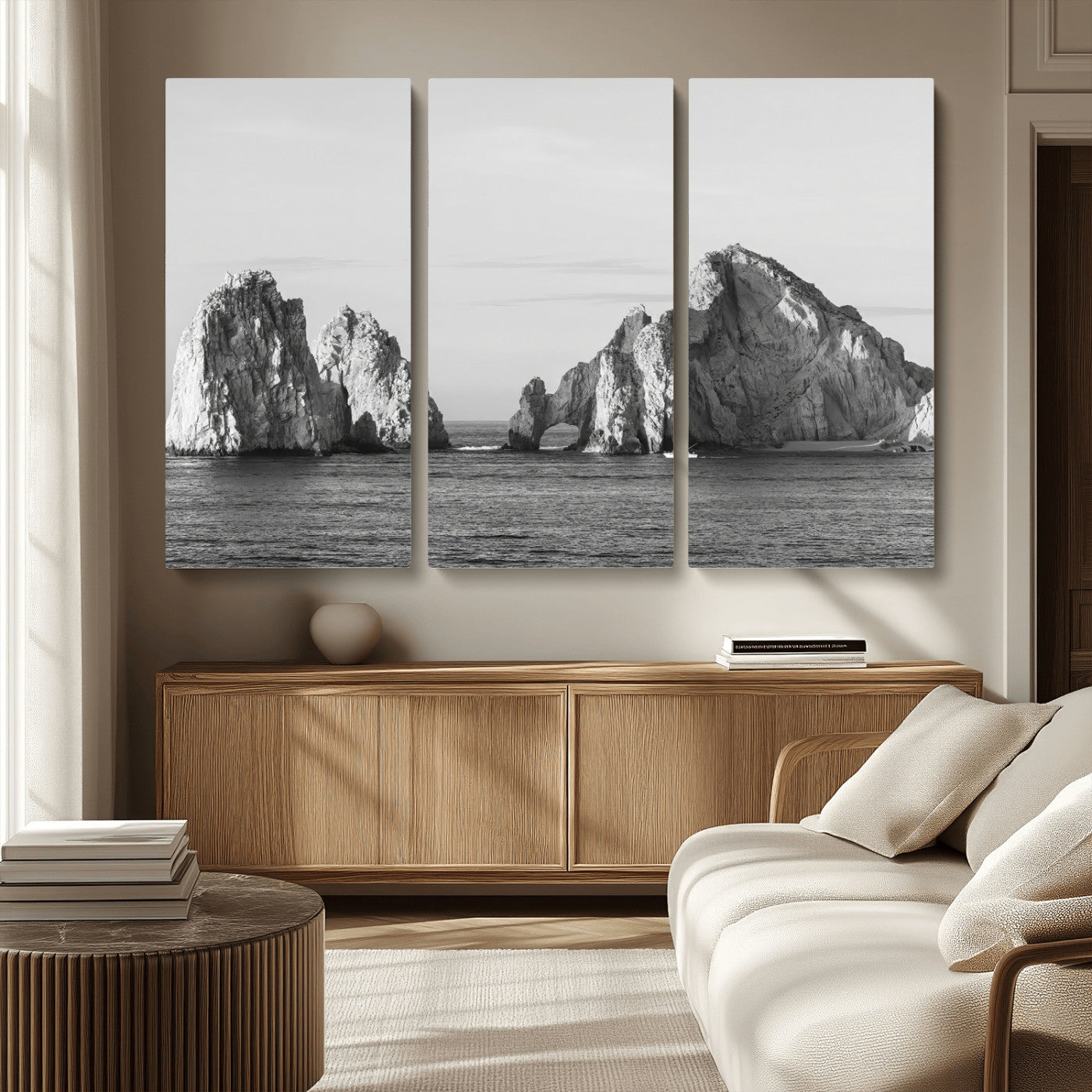 MGV-CV-48X32-3P - Rugged Coastline Wall Art Canvas Print, Framed Ocean Cliffs Art Picture Print, Monochrome Seascape Perfect Coastal Minimalist Decor Artwork