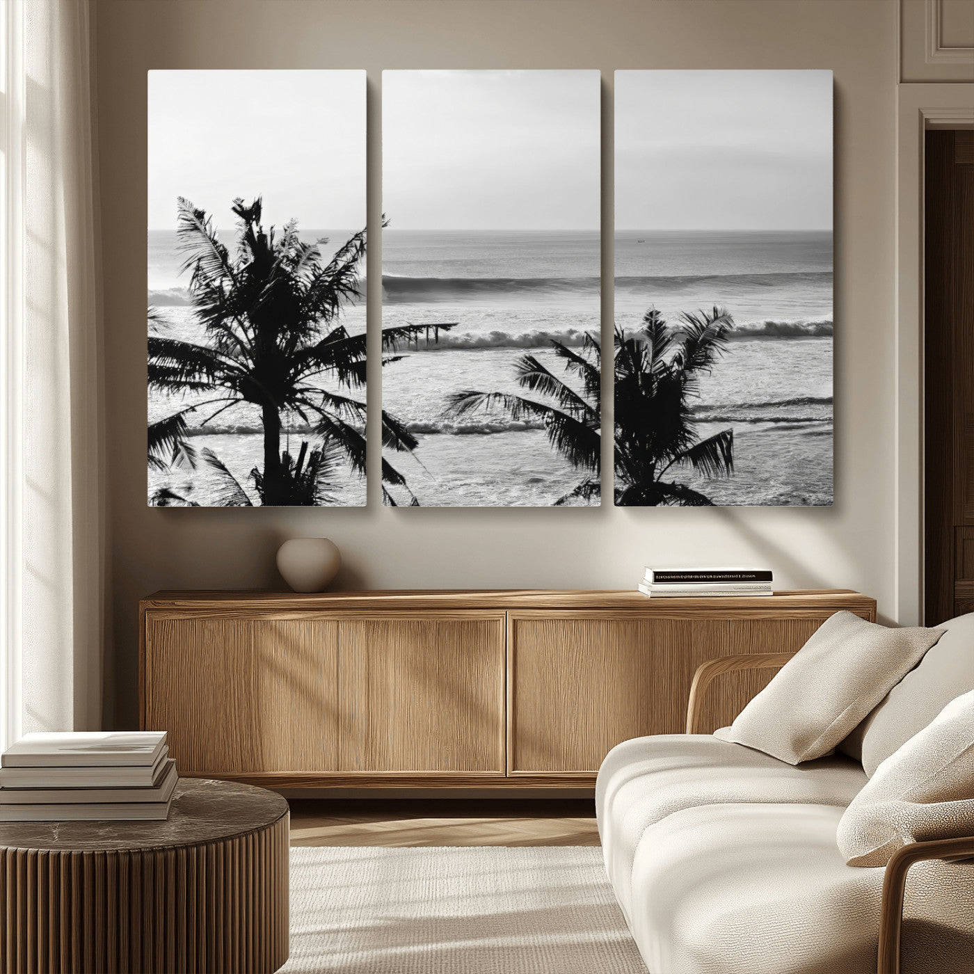 17508038-MGV-CV-36X24-Tropical Coastline Wall Art Canvas Print – Framed Palm Trees Scene with Ocean Waves Artwork for Home, Office