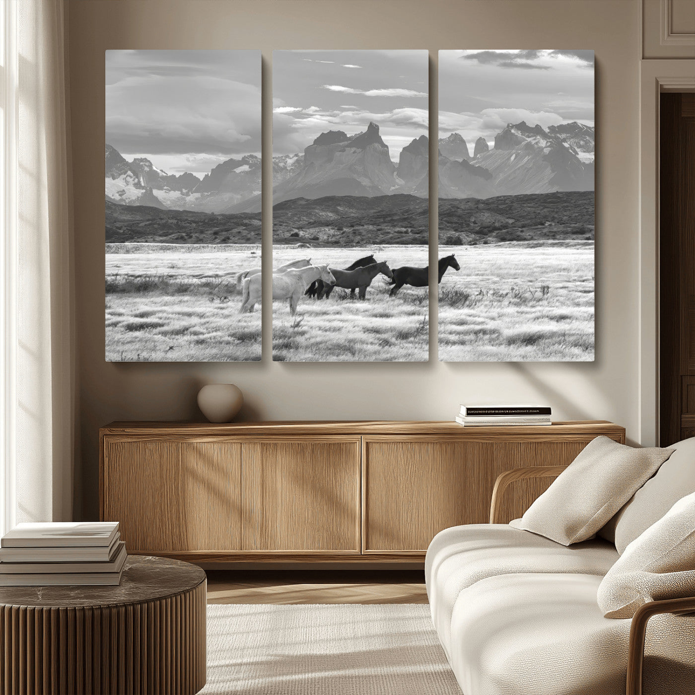 MGV-CV-48X32-3P - Wild Horses Wall Art Canvas Print, Framed Black White Mountains Art Picture Print, Rustic Countryside Perfect Rustic Western Decor Artwork