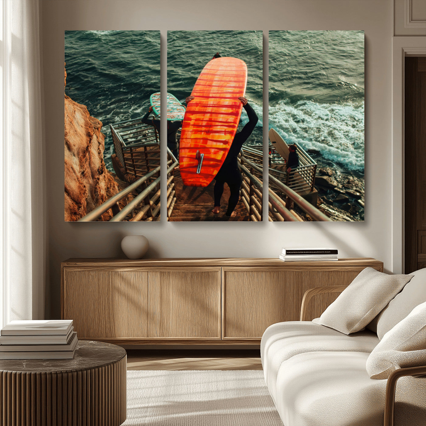 MGV-CV-48X32-3P - Surfer Stairway Wall Art Canvas Print, Framed Ocean Surf Art Picture Print, Sunset Coastal Perfect Coastal Adventure Decor Artwork