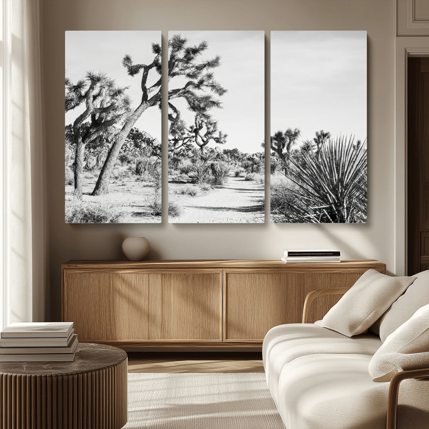 MGV-CV-48X32-3P - Joshua Tree Wall Art Canvas Print, Framed Desert Path Art Picture Print, Monochrome Desert Perfect Minimalist Desert Decor Artwork