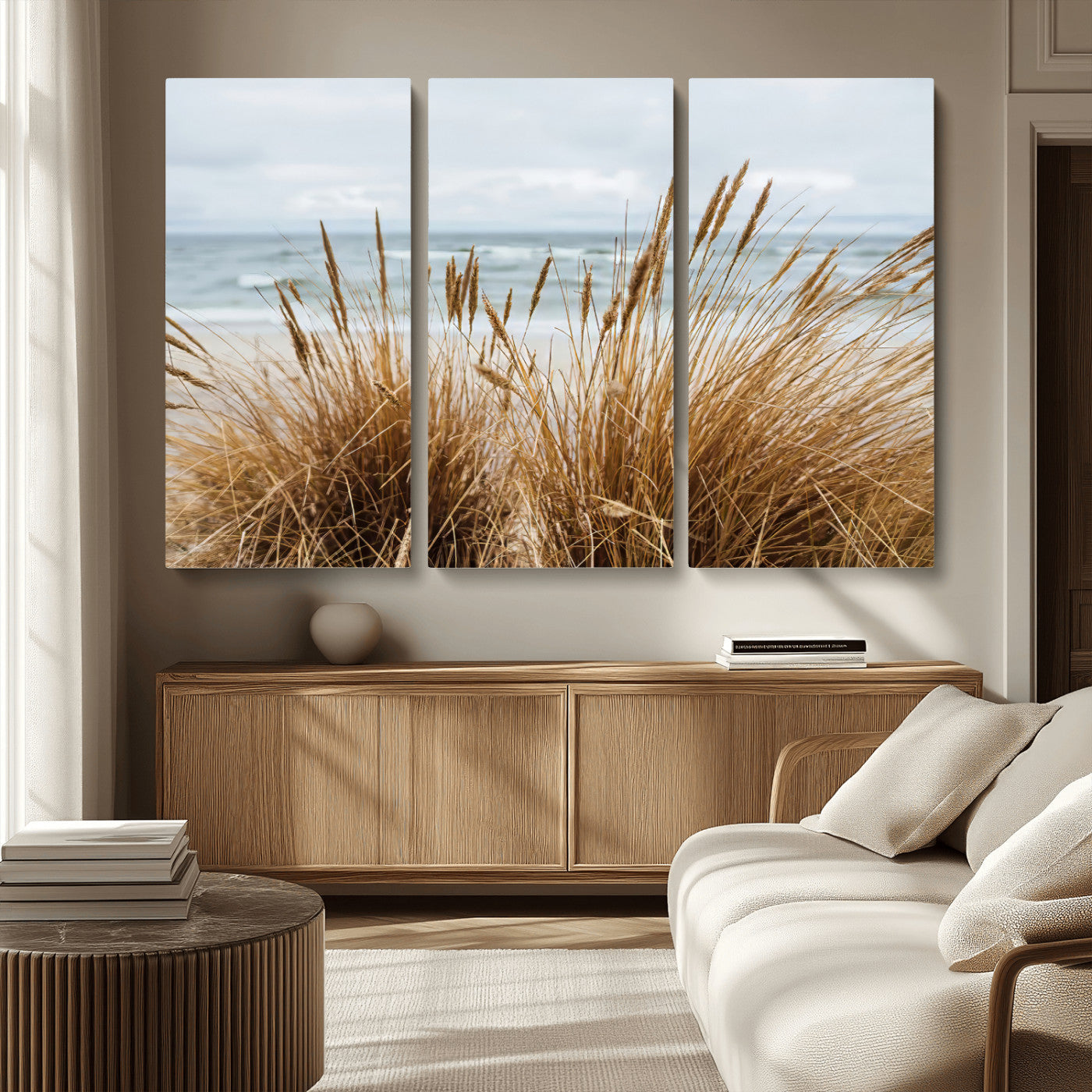 MGV-CV-48X32-3P - Beach Grass Wall Art Canvas Print, Framed Coastal Dunes Art Picture Print, Dune Grass Perfect Coastal Minimalist Decor Artwork